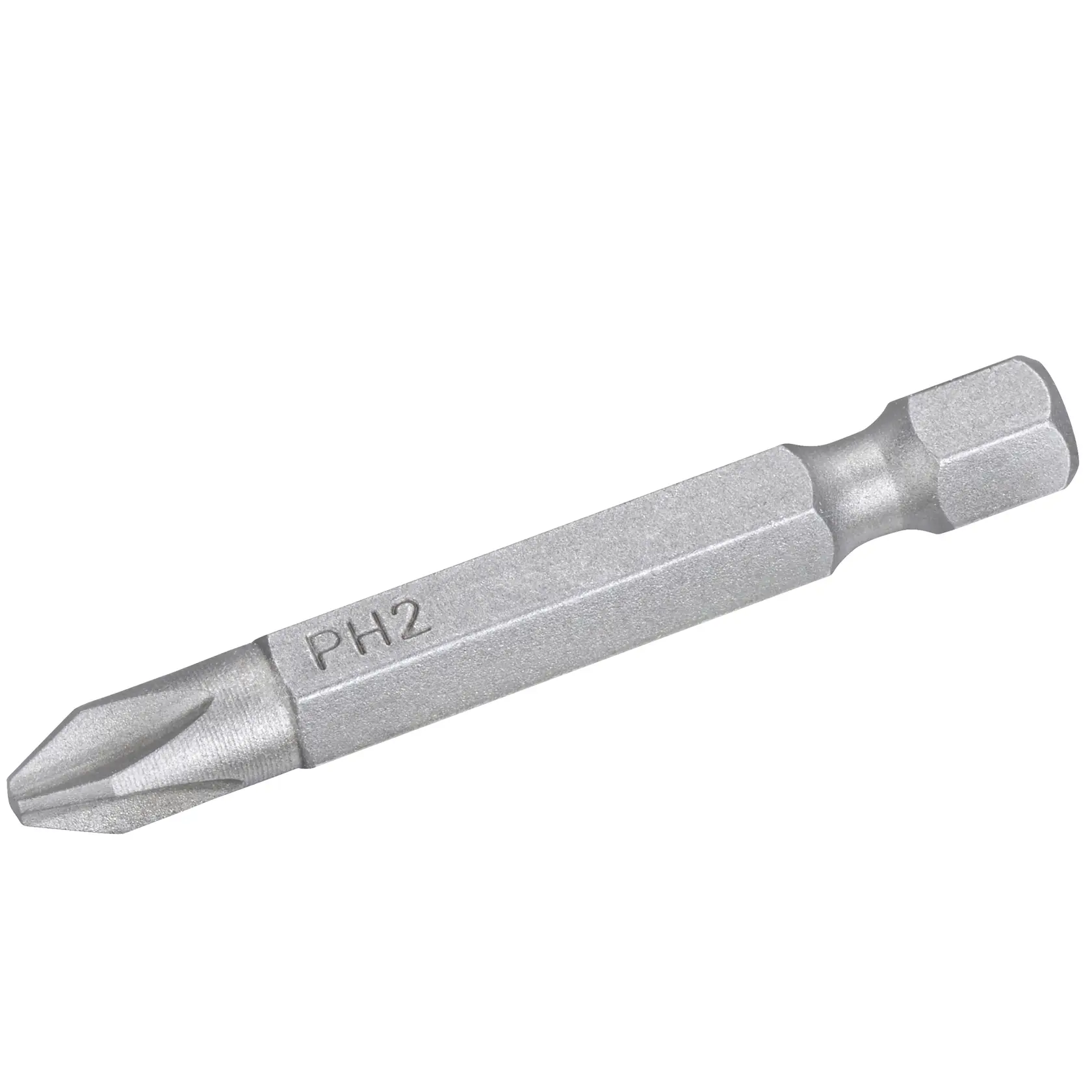 STANLEY STA61161 Phillips PH2 screwdriver bit, silver, close-up on white background.
