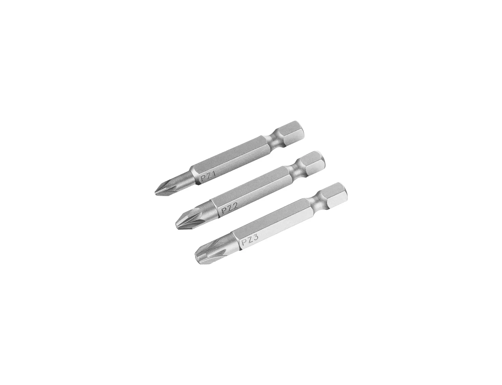 STANLEY STA61180 silver Pozidriv screwdriver bits set, three pieces, photography, top angle, white background.