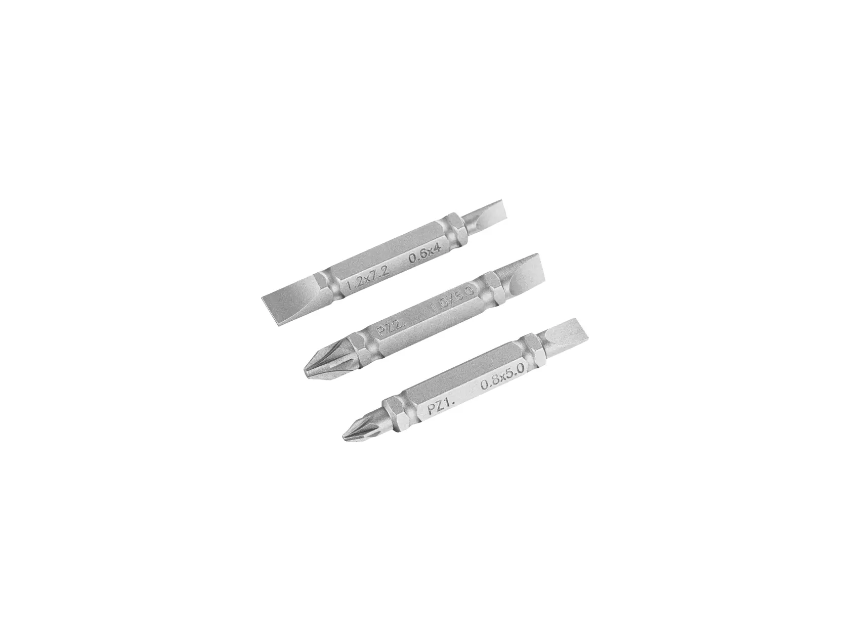 STANLEY STA61380 double-ended screwdriver bits, silver set of three, flat and Phillips tips, top view.