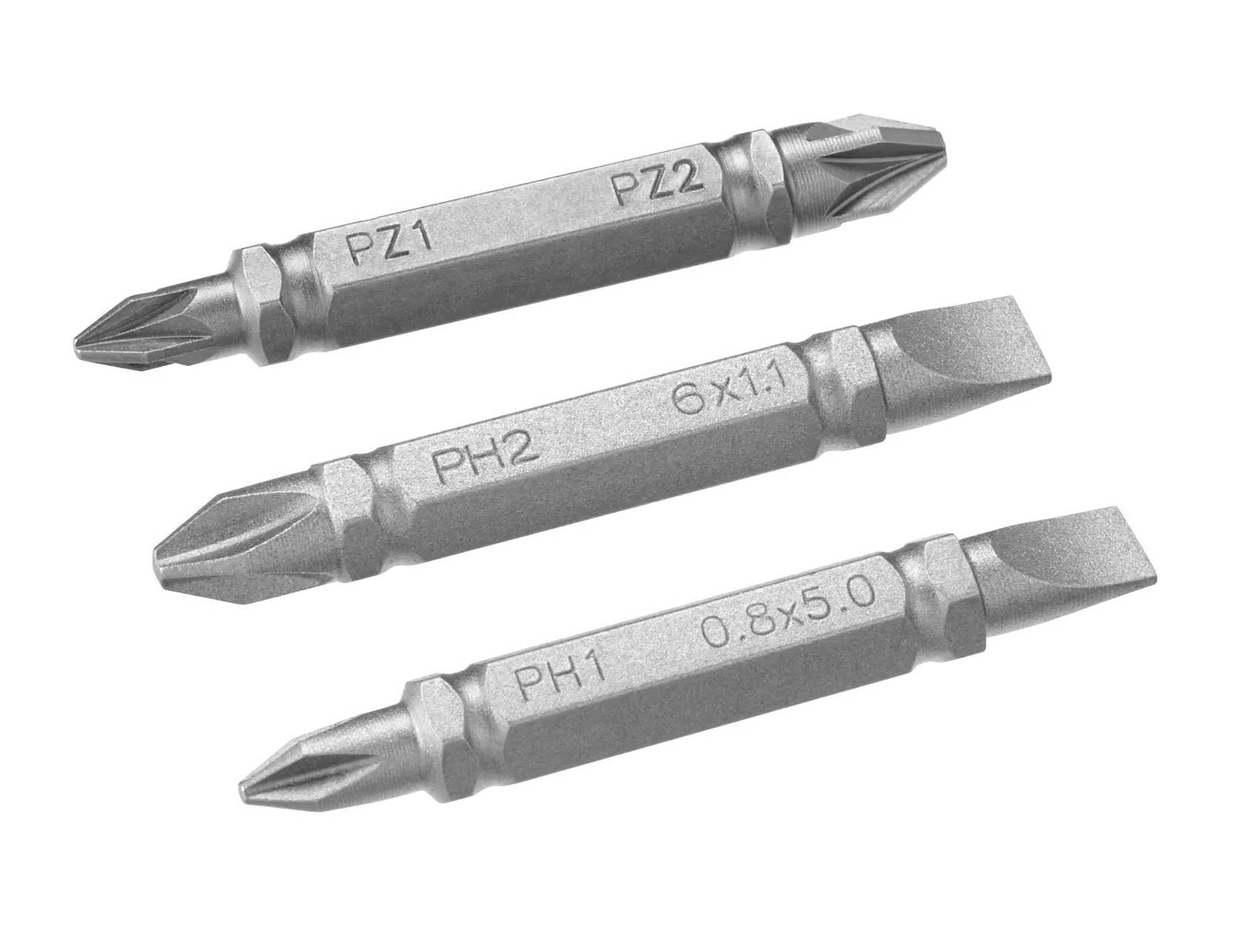 STANLEY STA61381 screwdriver bits set, silver metal, three double-ended bits, product photography, white background.