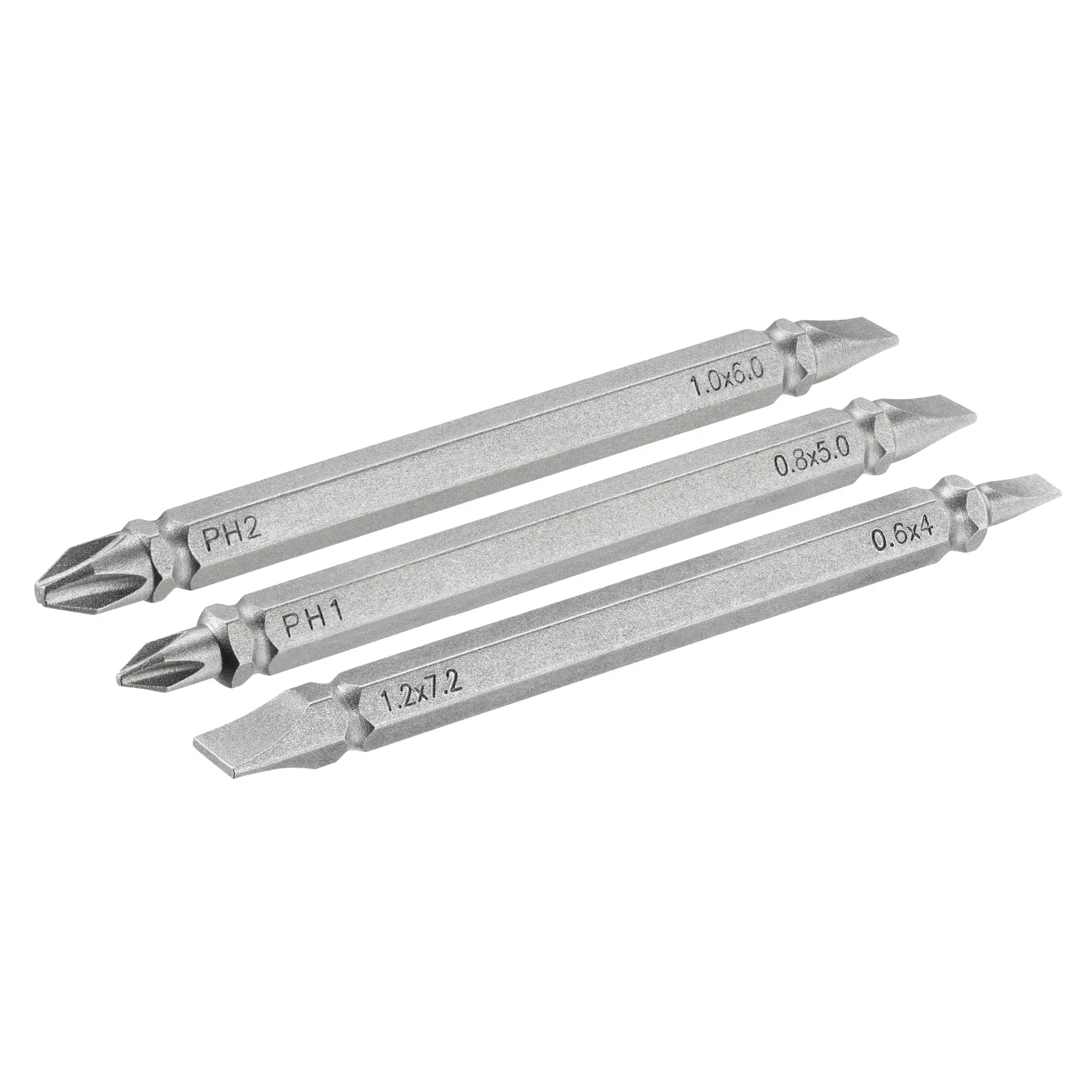 STANLEY STA61383 screwdriver bit set, three double-ended bits, silver, side angle, on white background.