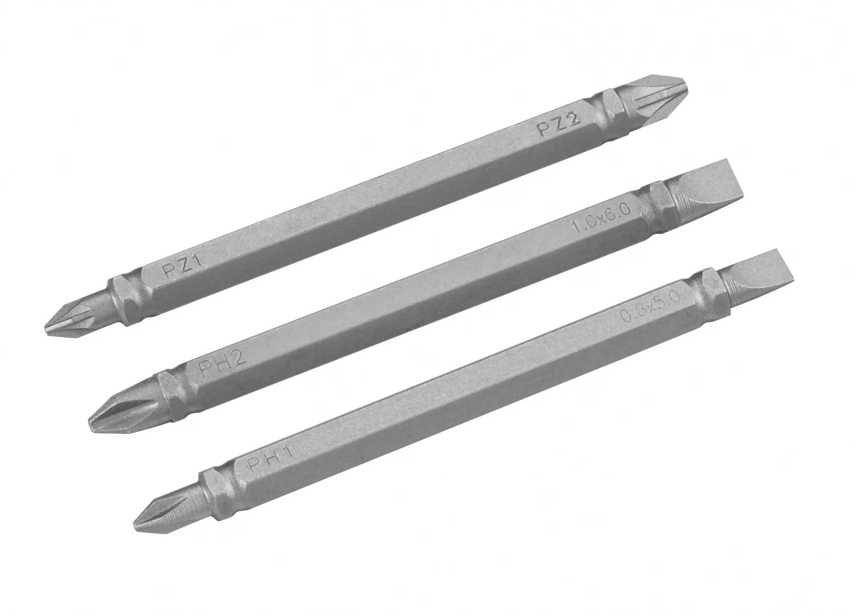 STANLEY STA61384 screwdriver bit set, three double-ended bits in silver, flat lay with white background.