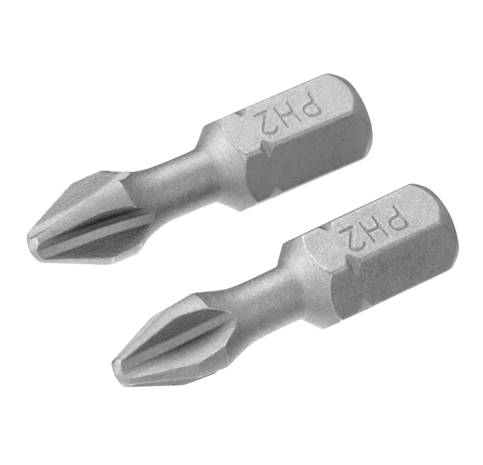 STANLEY STA62021 two silver PH2 screwdriver bits, product photography, angled on white background
