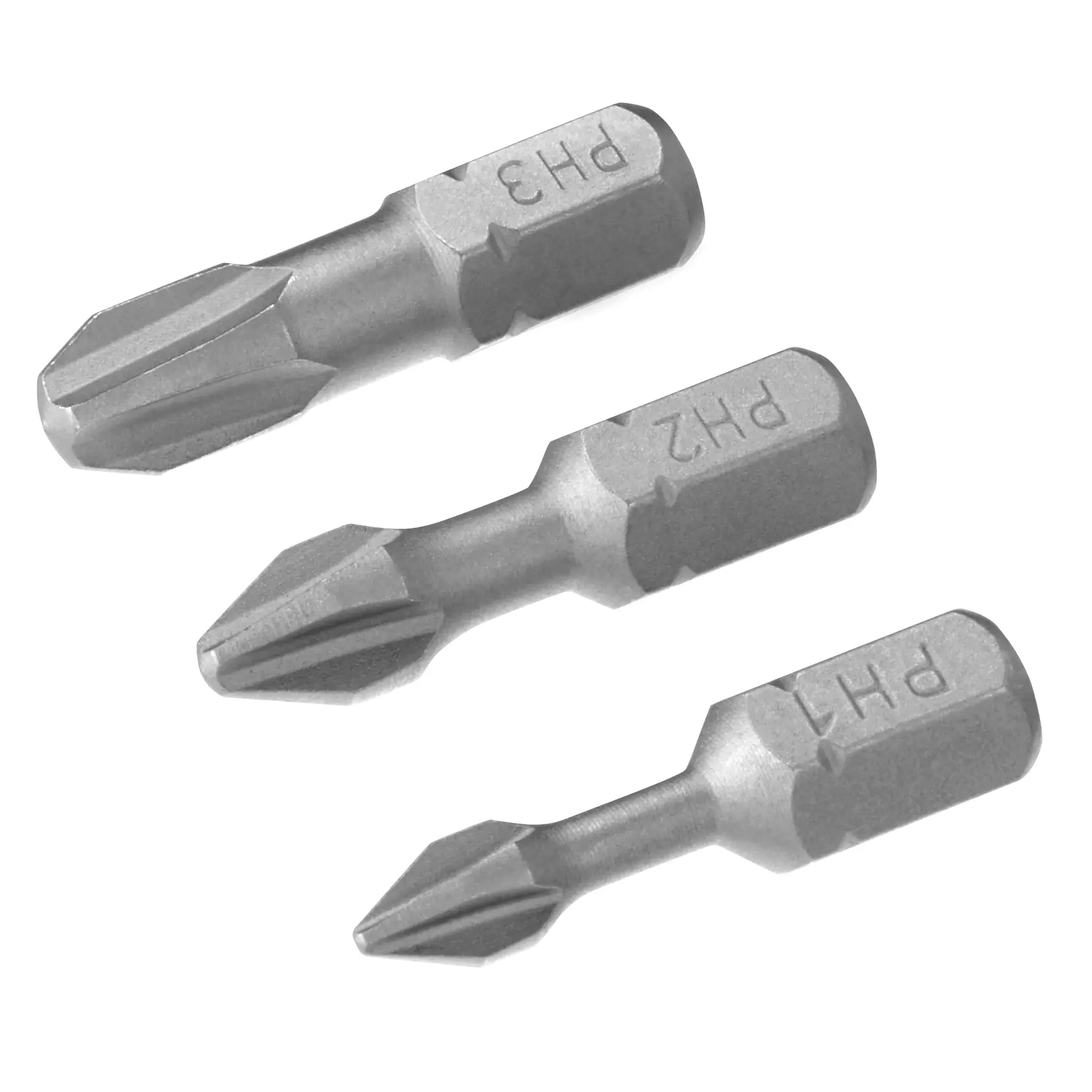 STANLEY STA62023 photography of three grey screwdriver bits, PH1, PH2, PH3, angled on white background.