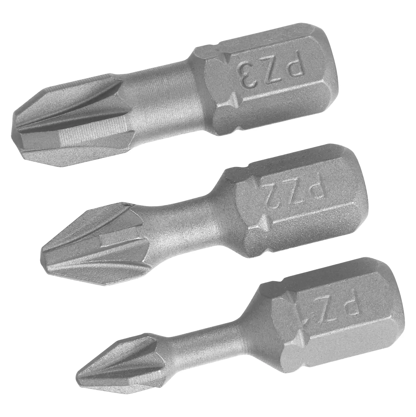 STANLEY STA62043 screwdriver bits set, photography, three silver Pozidriv bits on white background.