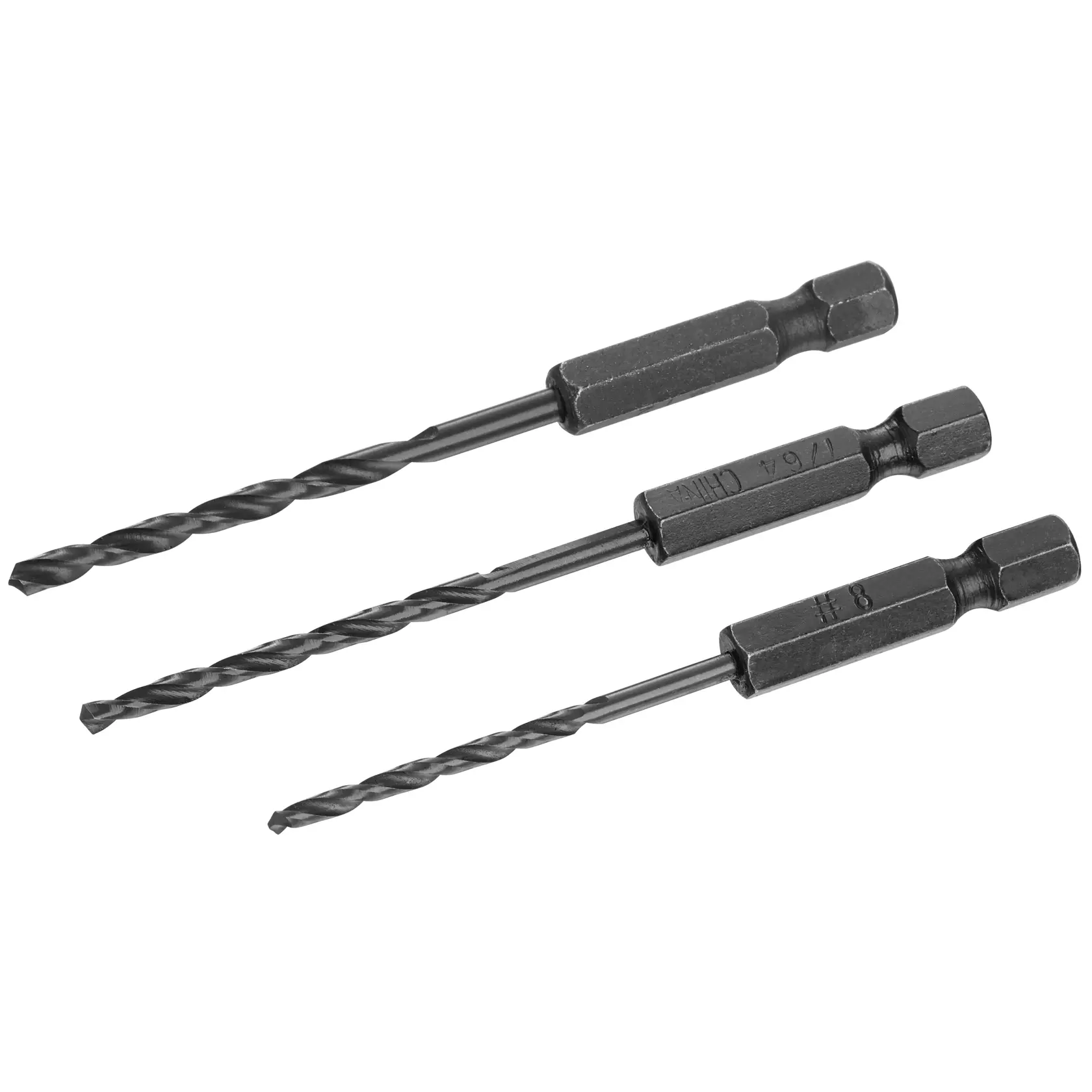 STANLEY STA62509 drill bit set, three black hex shank bits, side angle, on white background.