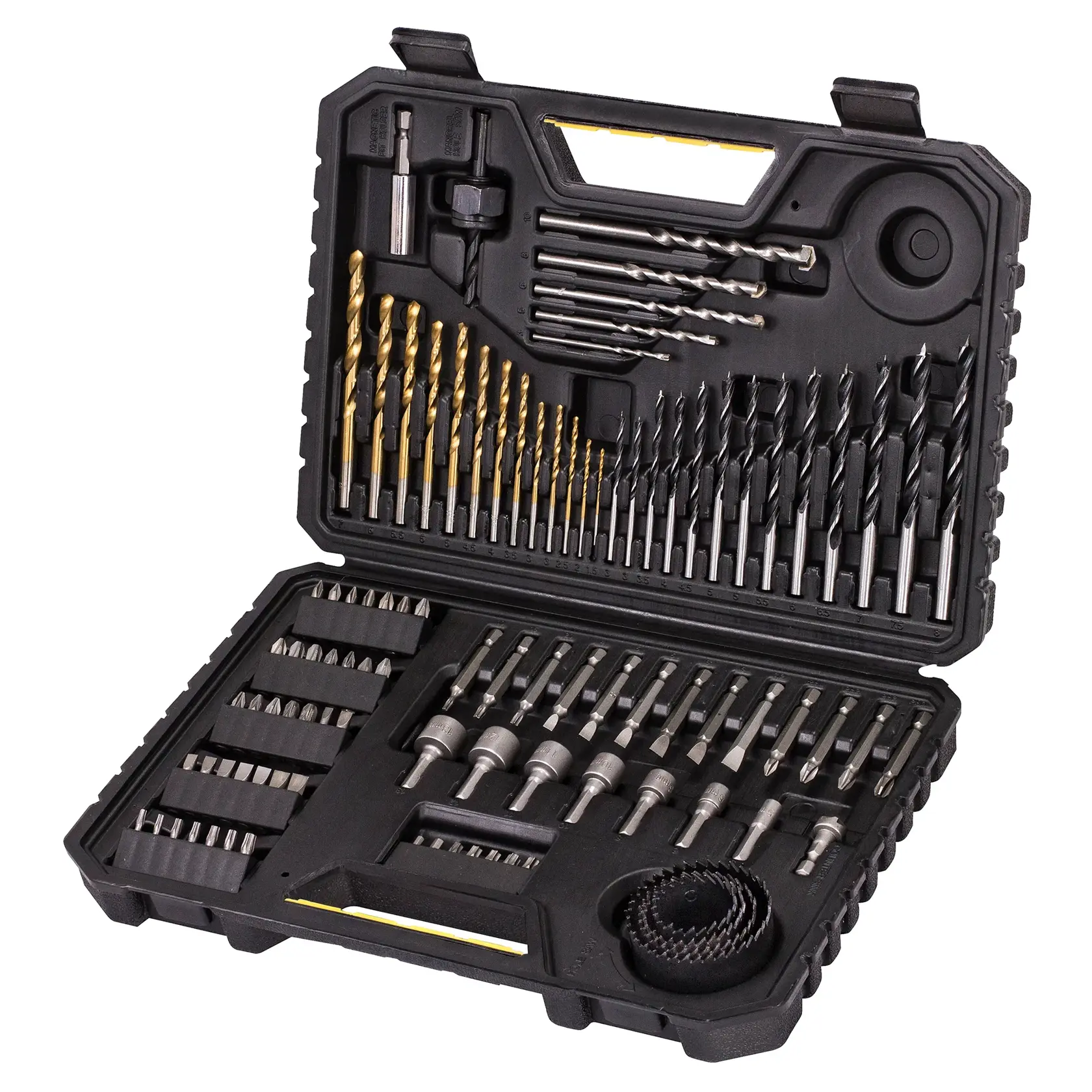 Photo of STANLEY STA7205 drill and screwdriver bit set in open black carrying case, showing assorted bits and accessories.