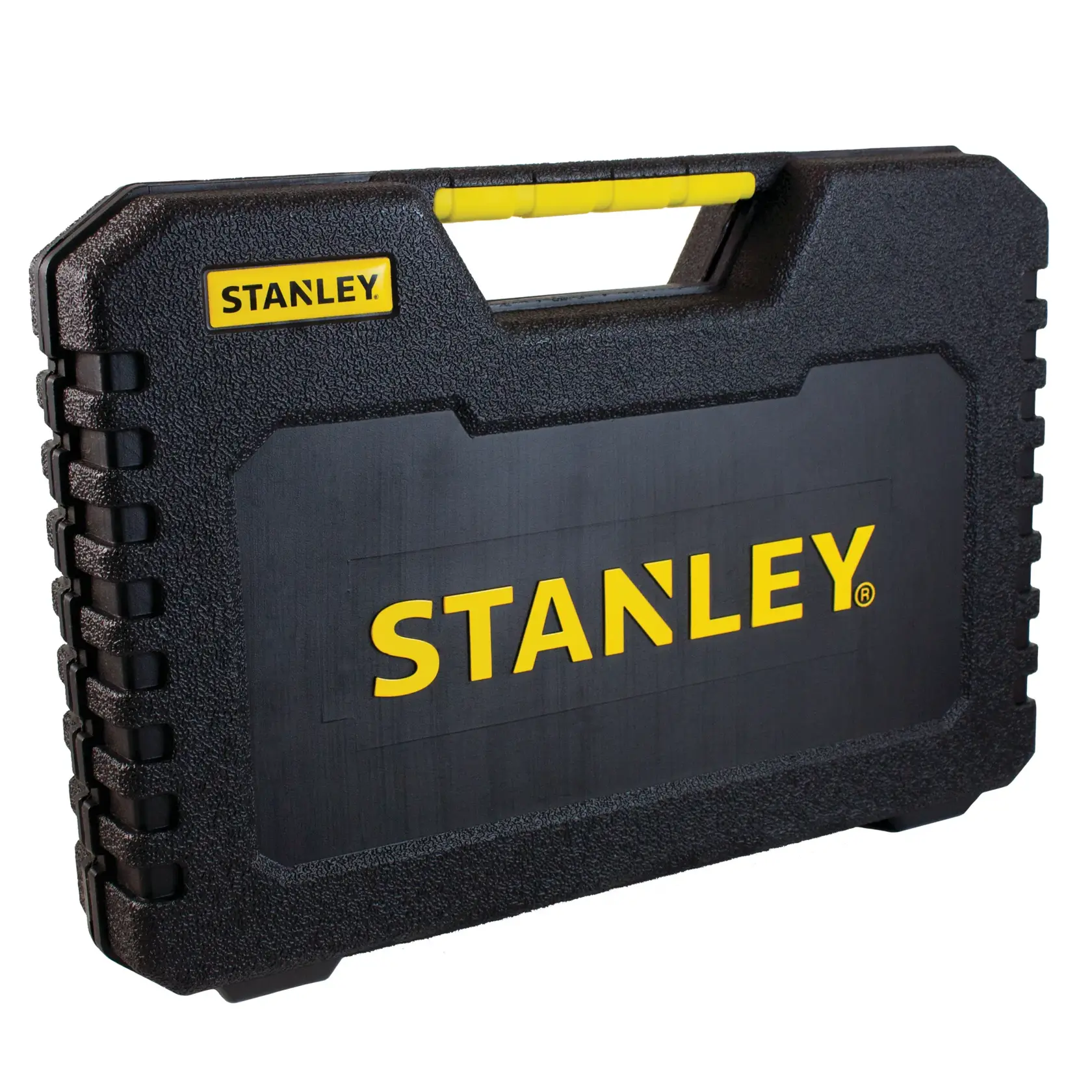 Stanley STA7205 black tool case with yellow handle and Stanley logo, front angle, photography product.