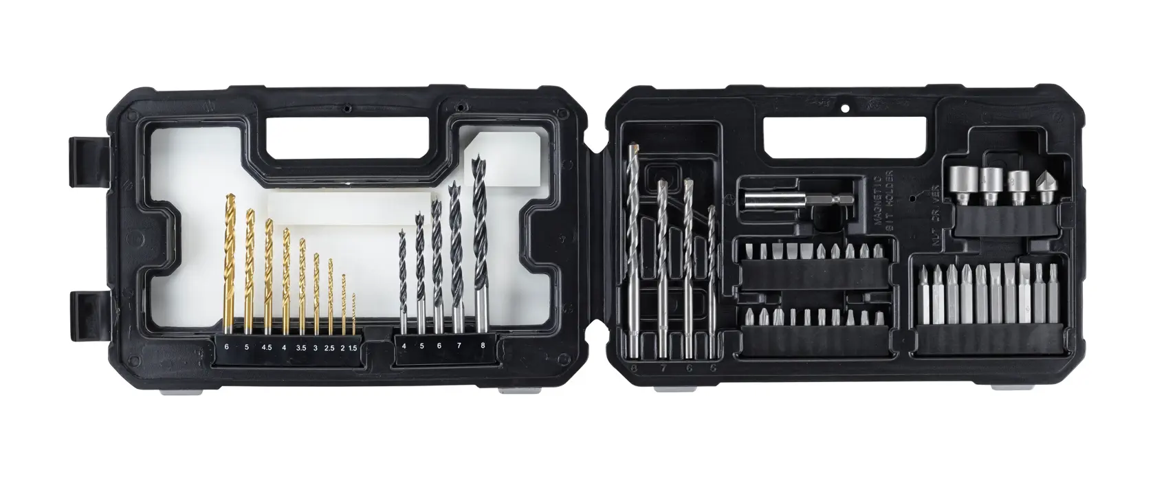 STANLEY STA7223 drill and bit set in open black plastic case, photographed from above on white background.