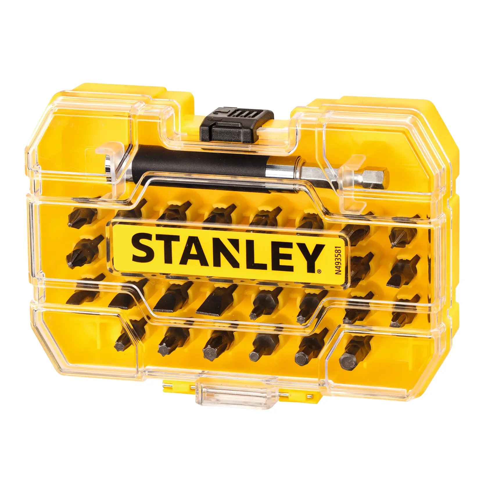 STANLEY STA7228 screwdriver bit set in yellow case, photographed from front on white background.