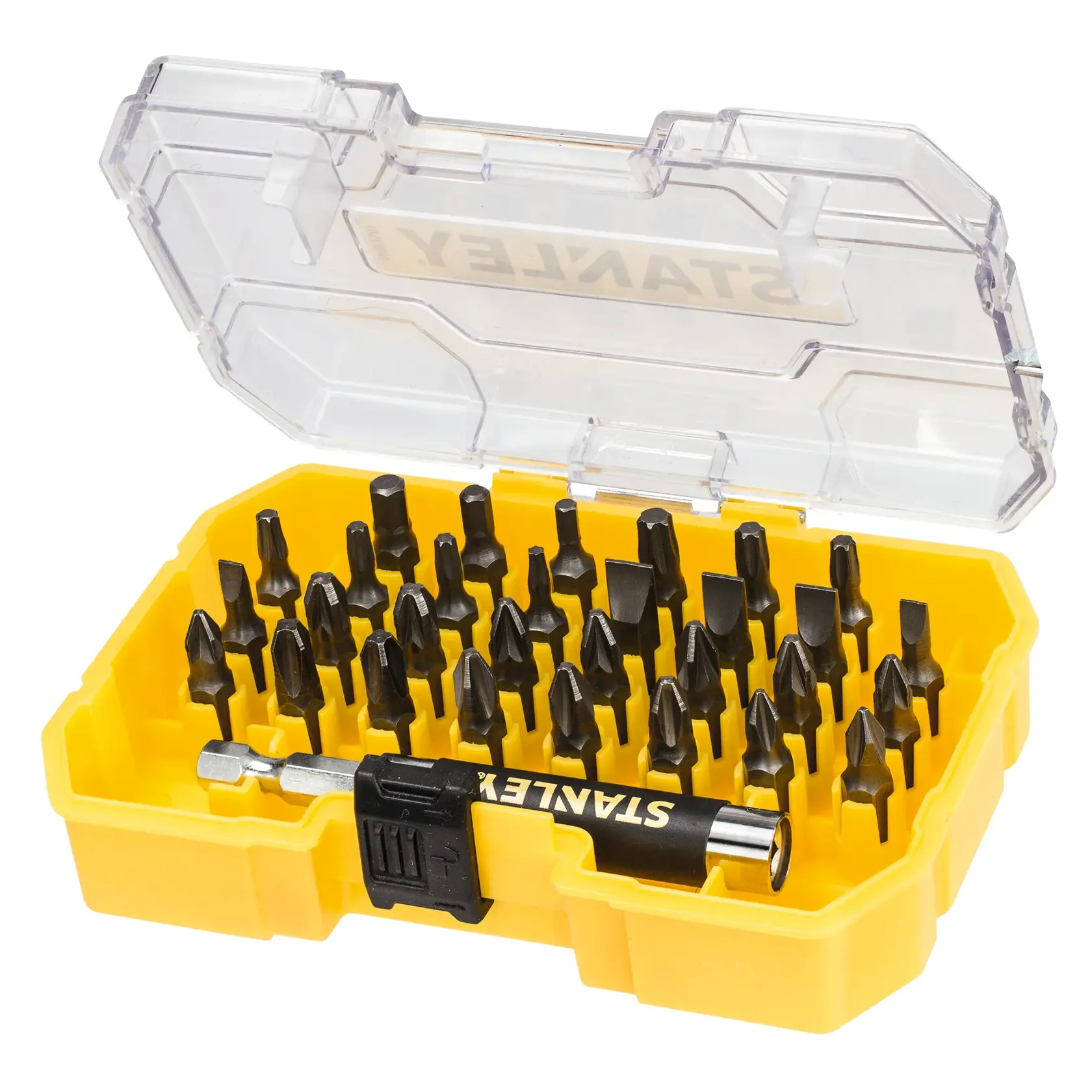 STANLEY STA7228 screwdriver bit set in yellow case, 34 pieces, clear lid, angled product photo.
