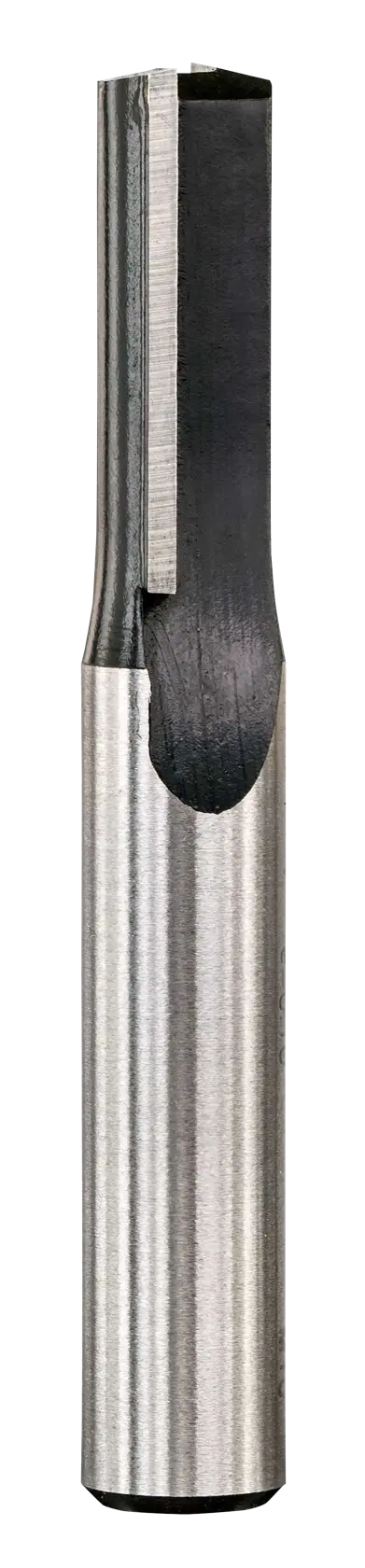 STANLEY STA80301 straight router bit, silver and black, front angle, shown on white background.