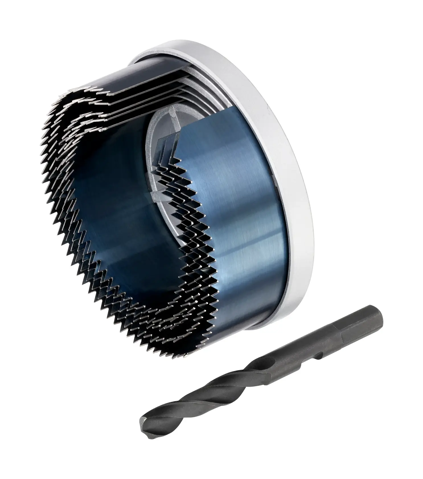 STANLEY STA81025 round multi-size hole saw set with attachment and drill bit, product photography, angled on white.
