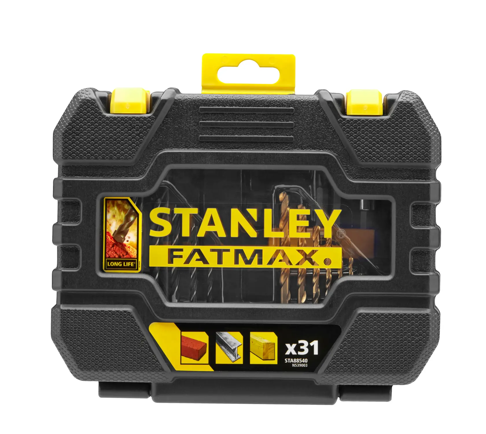 STANLEY STA88540 drill bit set case, black with yellow accents, front angle, FATMAX branding visible.