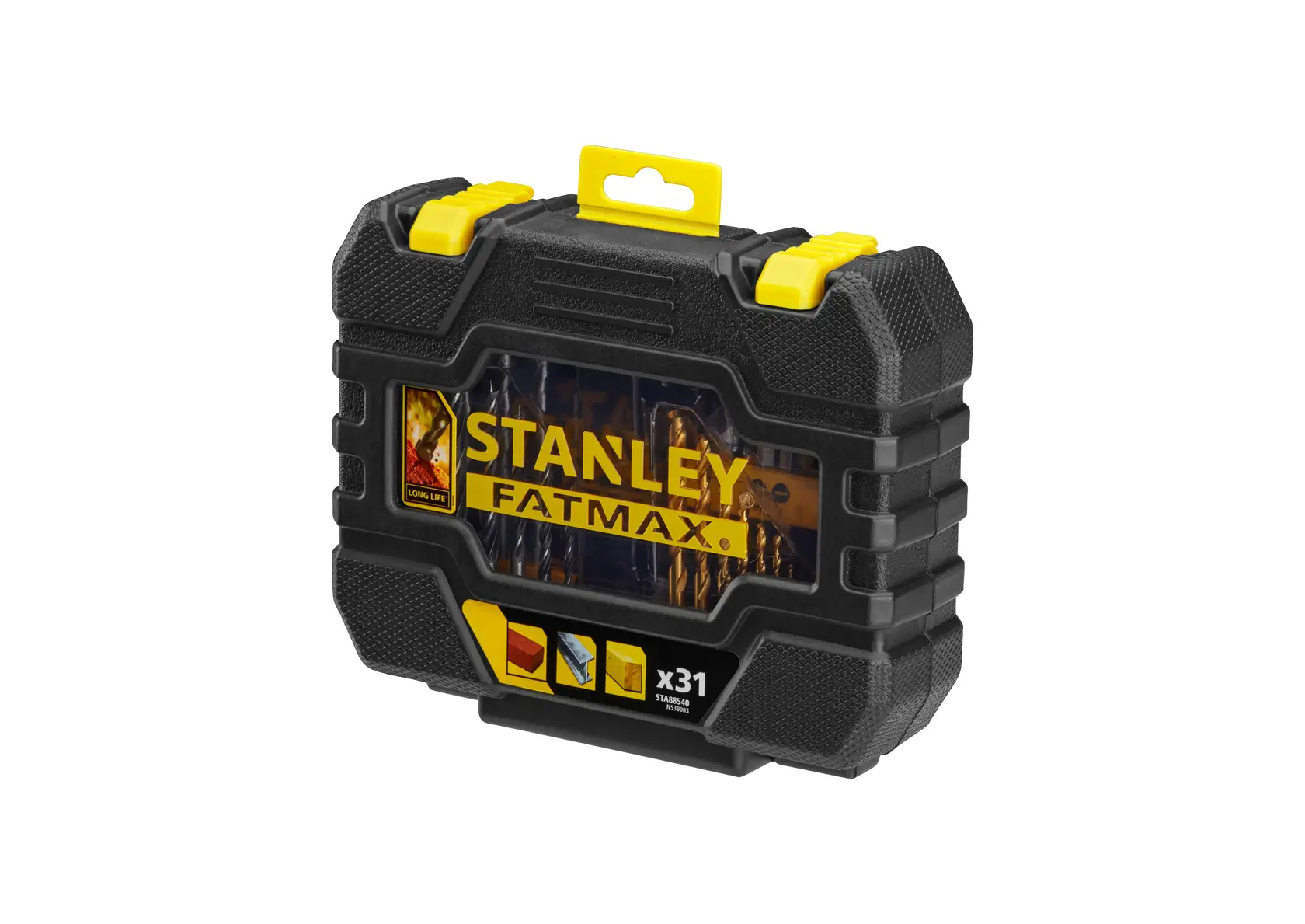 STANLEY STA88540 drill bit set in black and yellow hard case, product angled on white background.