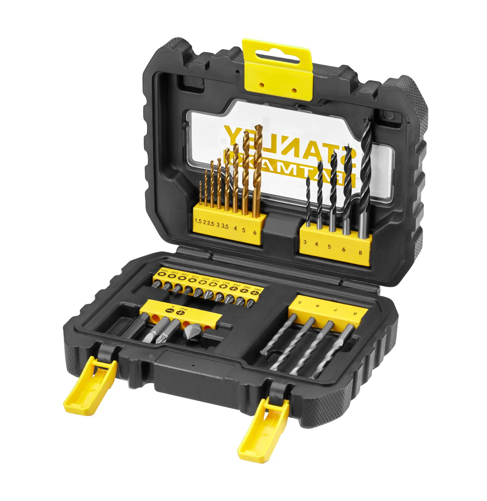 STANLEY STA88540 drill and bit set in open black and yellow hard case, angled view on white background.