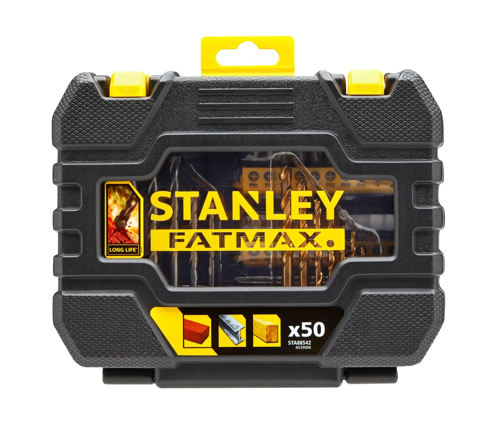 Stanley Fatmax drill bit set in a black and yellow hard case, contains 50 pieces for multiple materials.