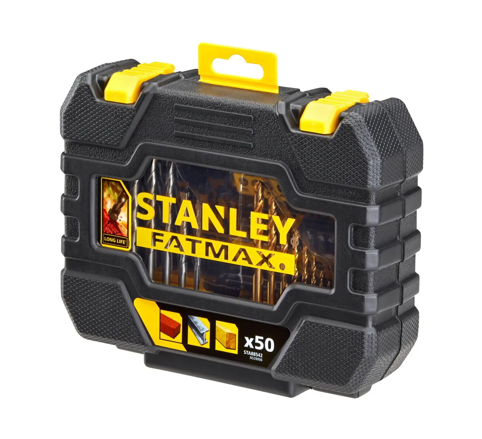 STANLEY STA88542 drill bit set in black and yellow hard case, front angle, 50 pieces visible.