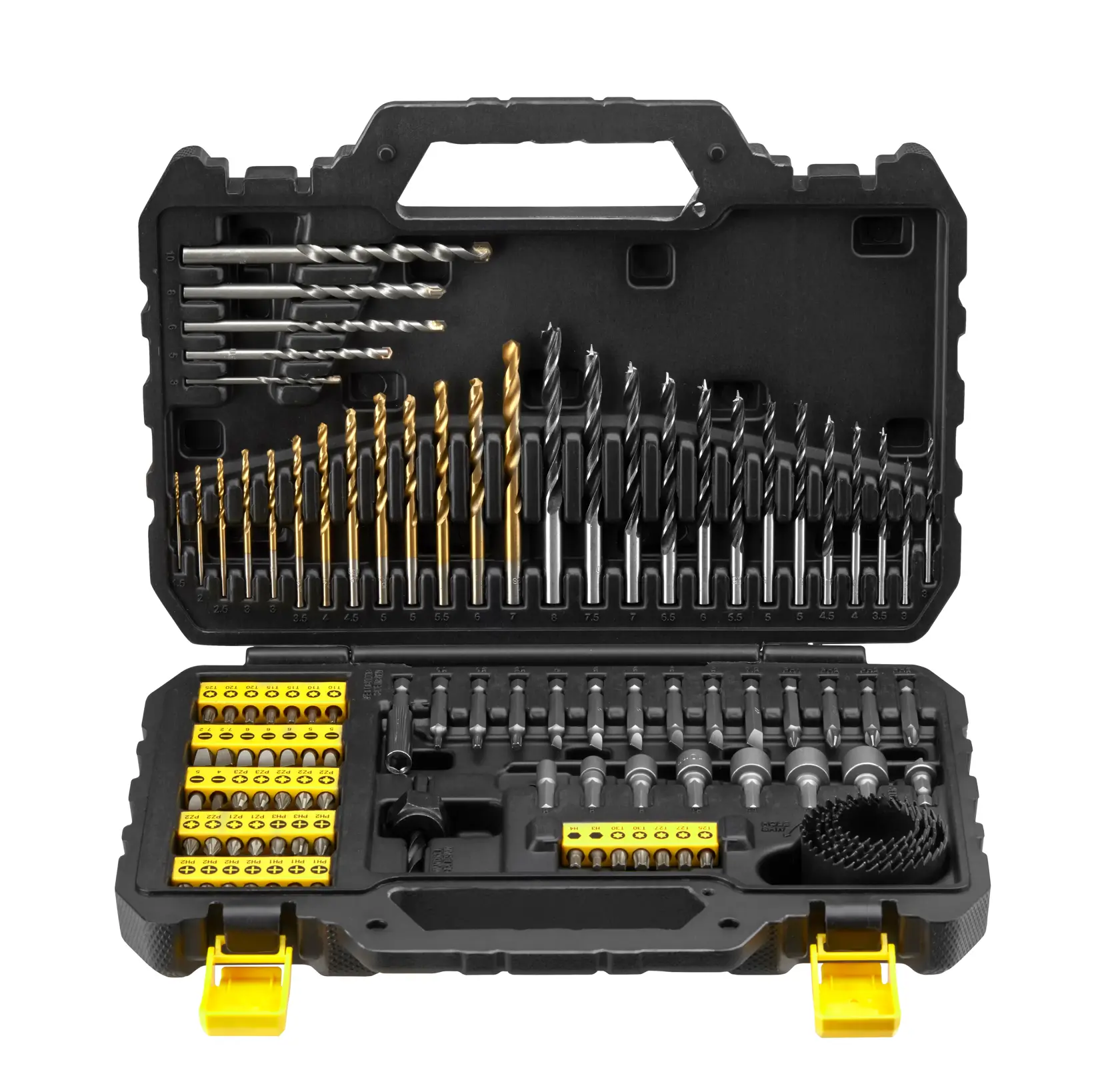 STANLEY STA88548 drill and screwdriver bit set in black hard case, open to show multiple bits and accessories, front angle.