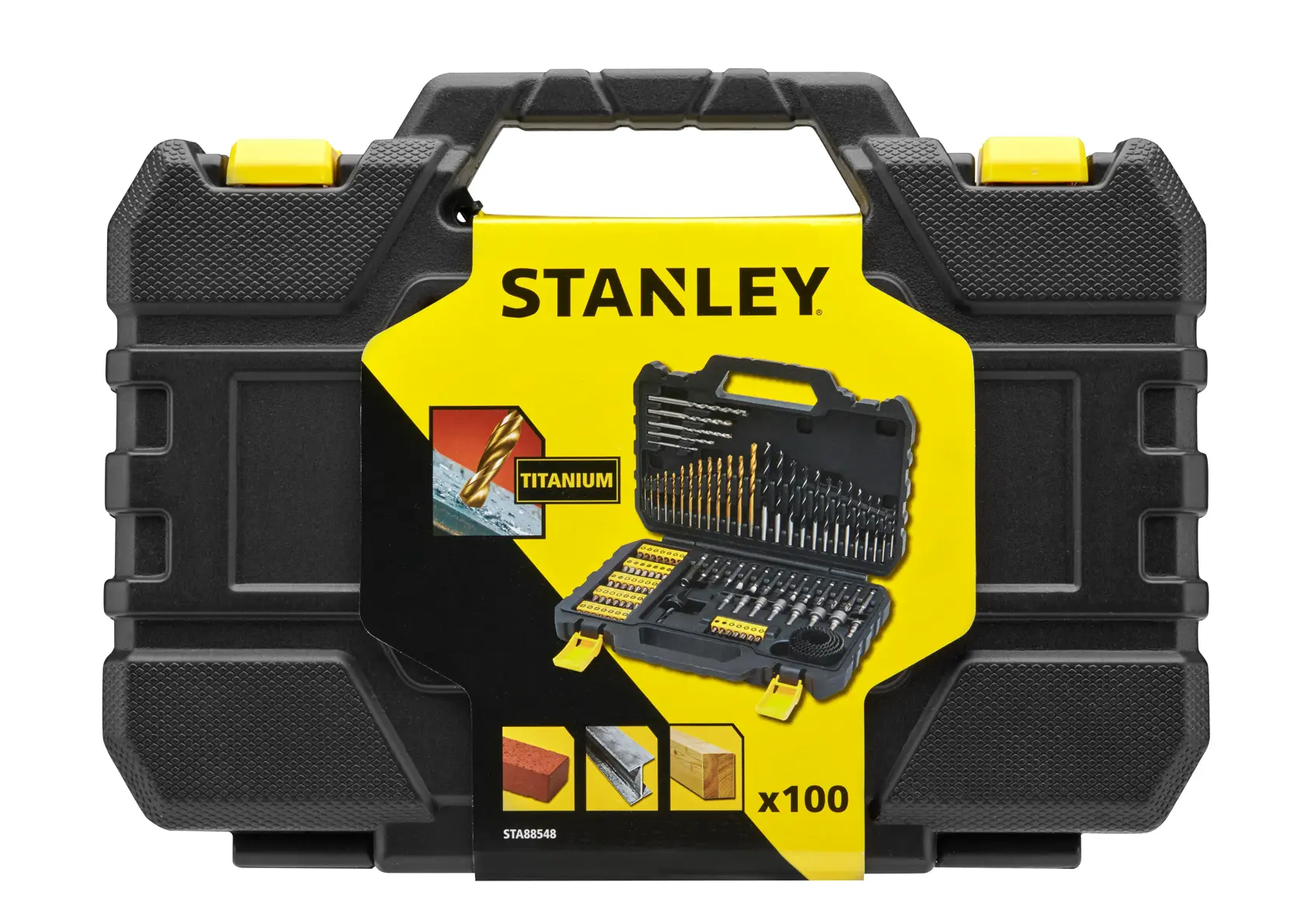 STANLEY STA88548 drill bit and accessory set in black case, front angle, 100-piece titanium kit.