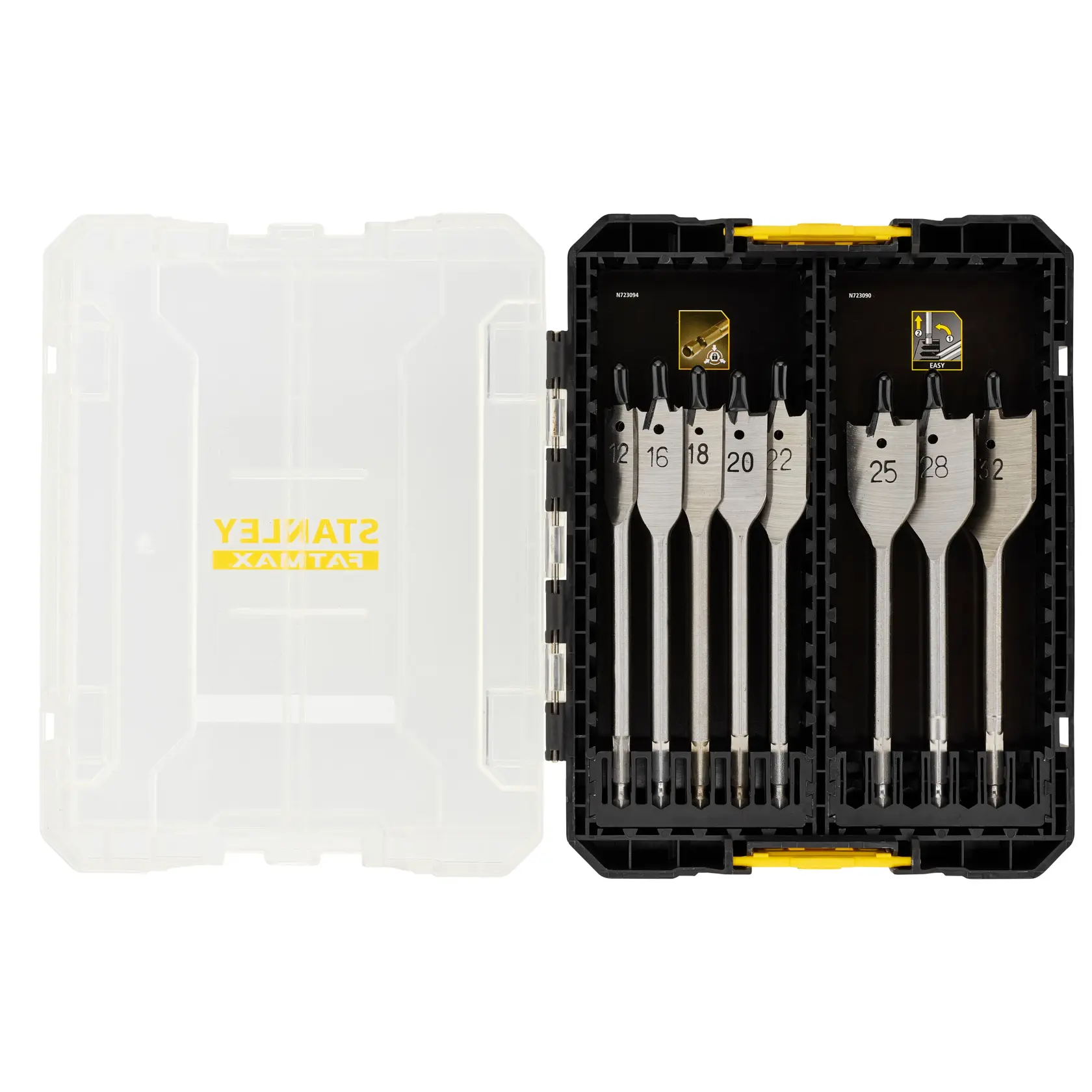 STANLEY STA88556 spade bit set with seven metal bits in black and clear plastic case, top view.