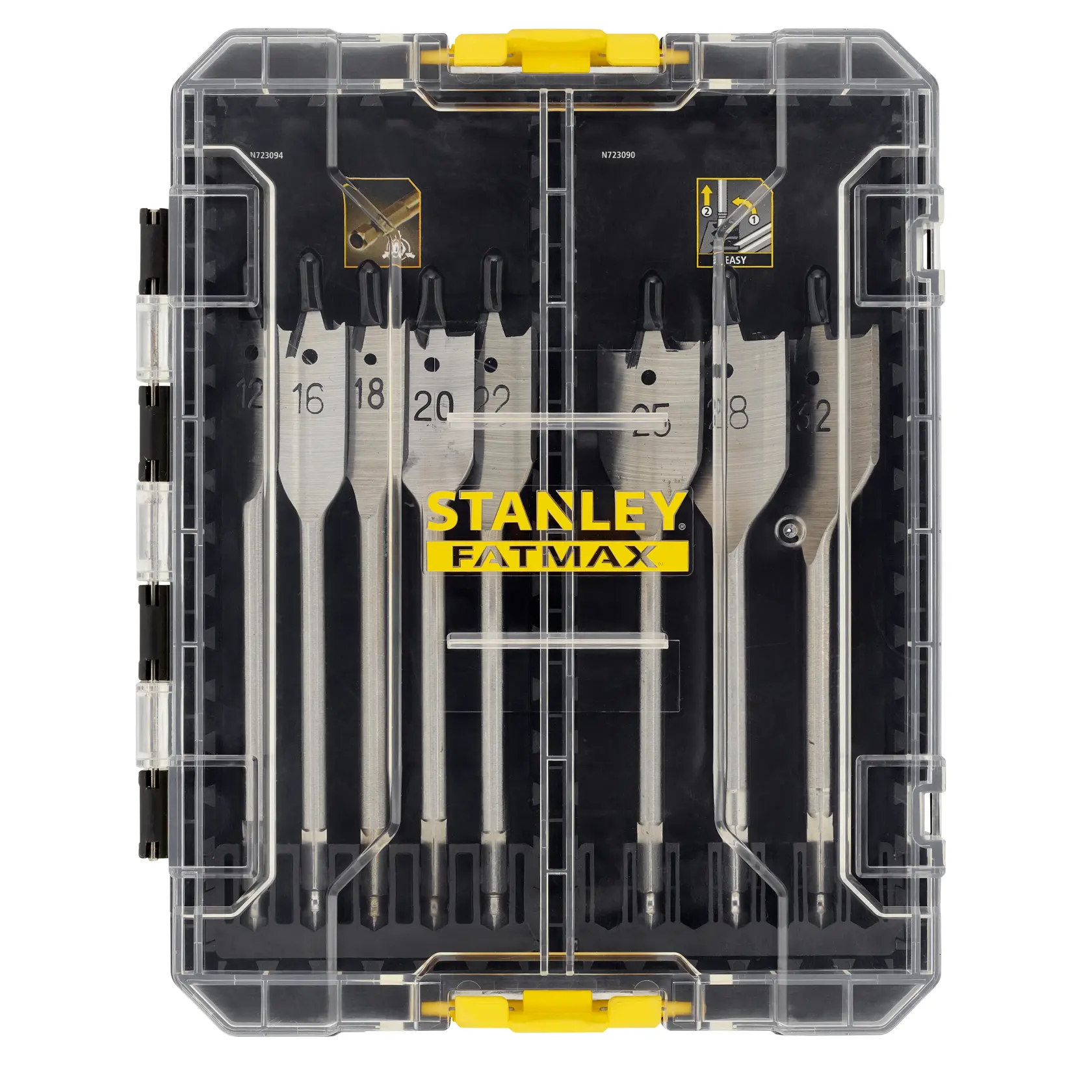 STANLEY STA88556 spade bit set in clear plastic case with yellow latch, showing multiple drill bits arranged by size.