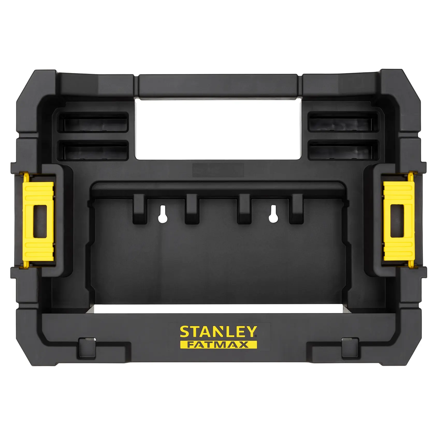 STANLEY STA88580 toolbox wall storage frame, black with yellow latches, photographed from the front on white background.