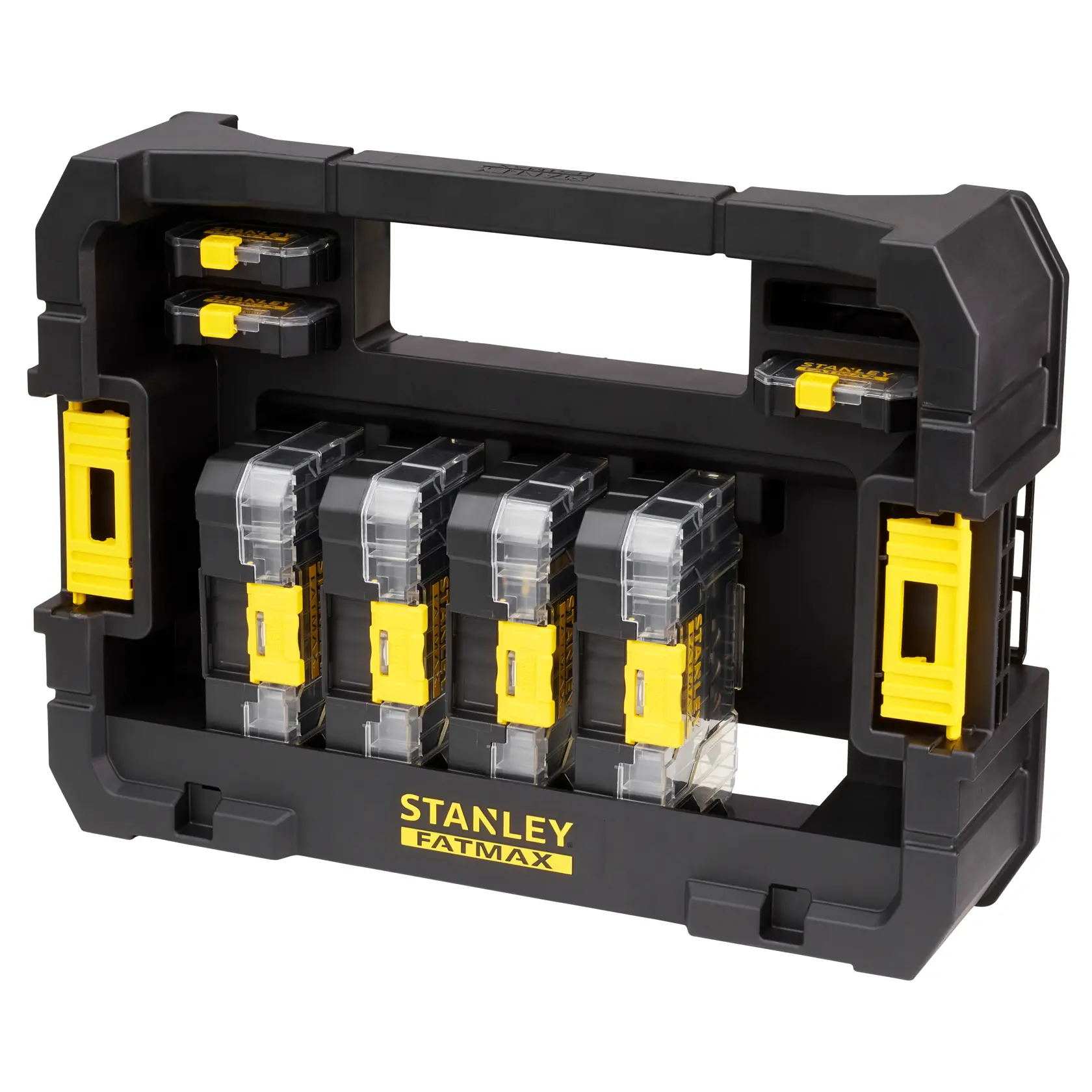 STANLEY STA88580 tool organizer with black frame, yellow latches, clear plastic compartments, front angle.
