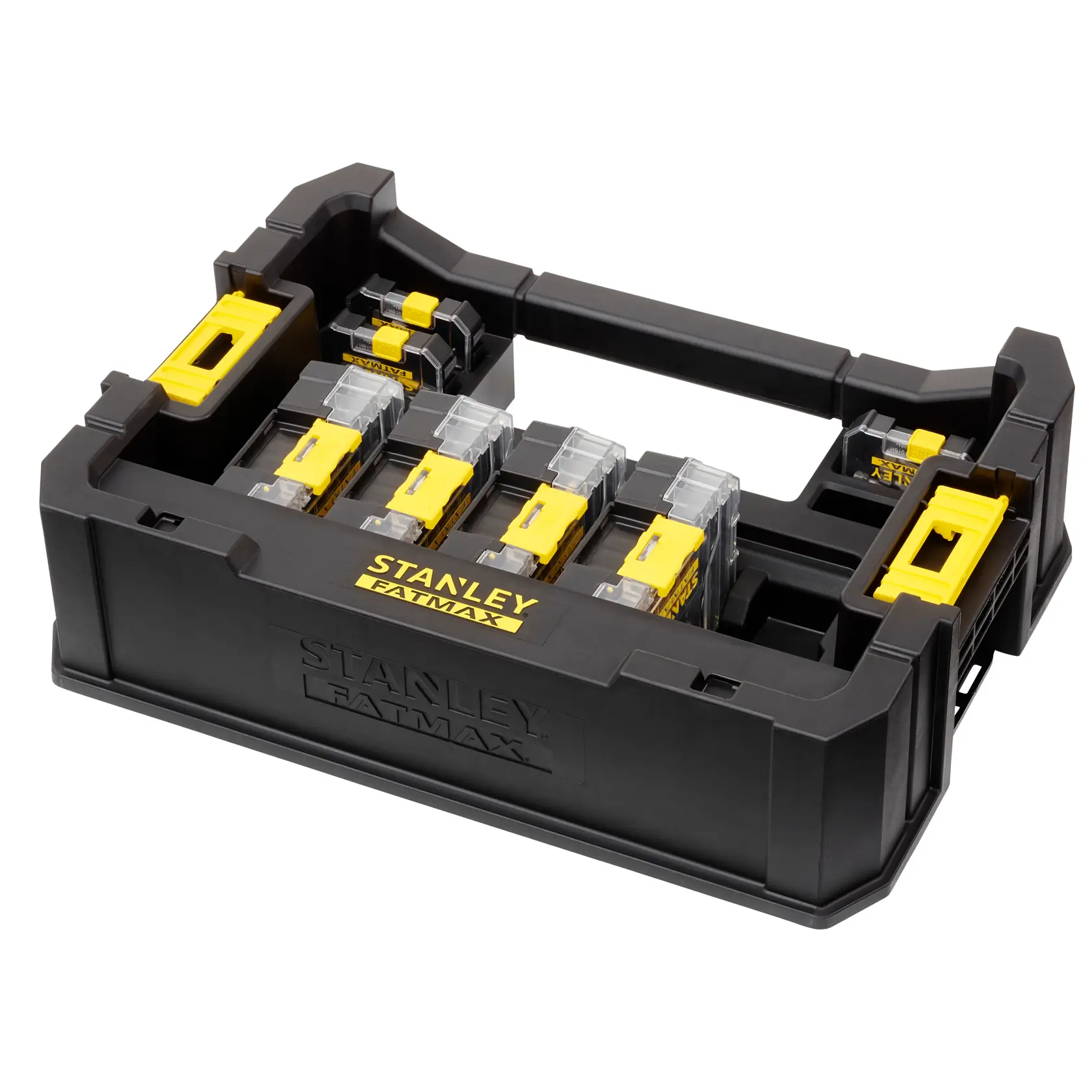 STANLEY STA88580 organizer, black and yellow compartment case, photography, angled on white background.