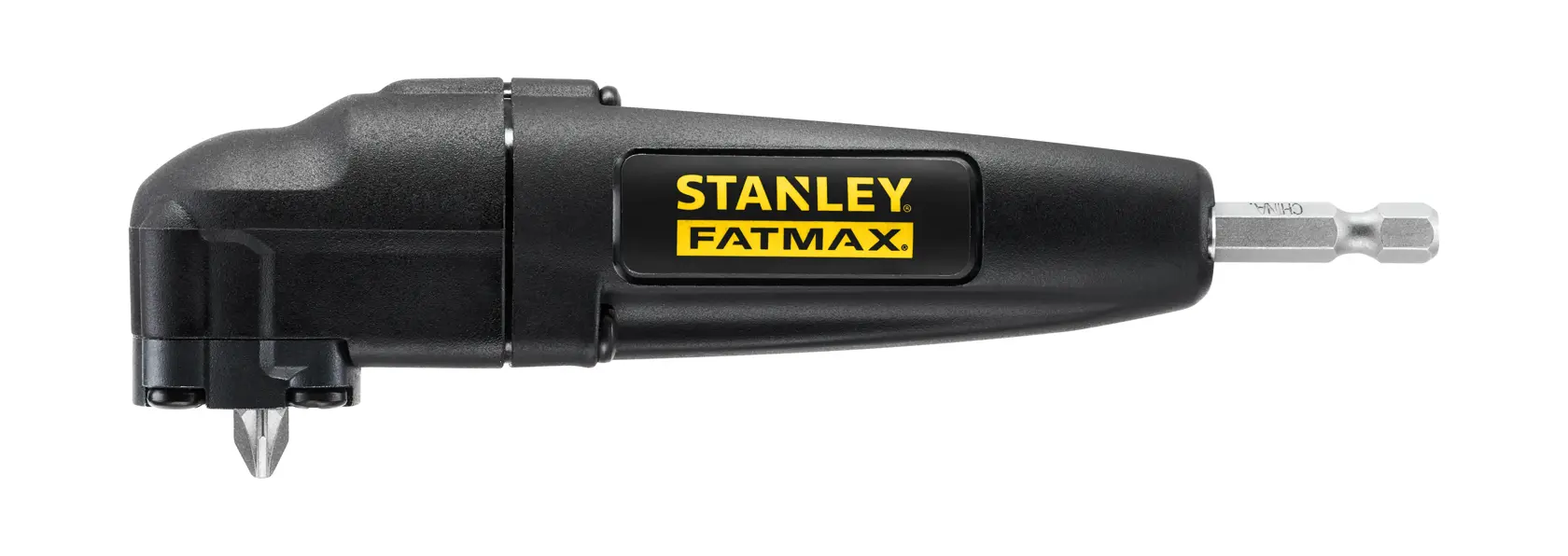STANLEY STA88582-XJ right angle screwdriver attachment, black, FATMAX logo, side view, white background.