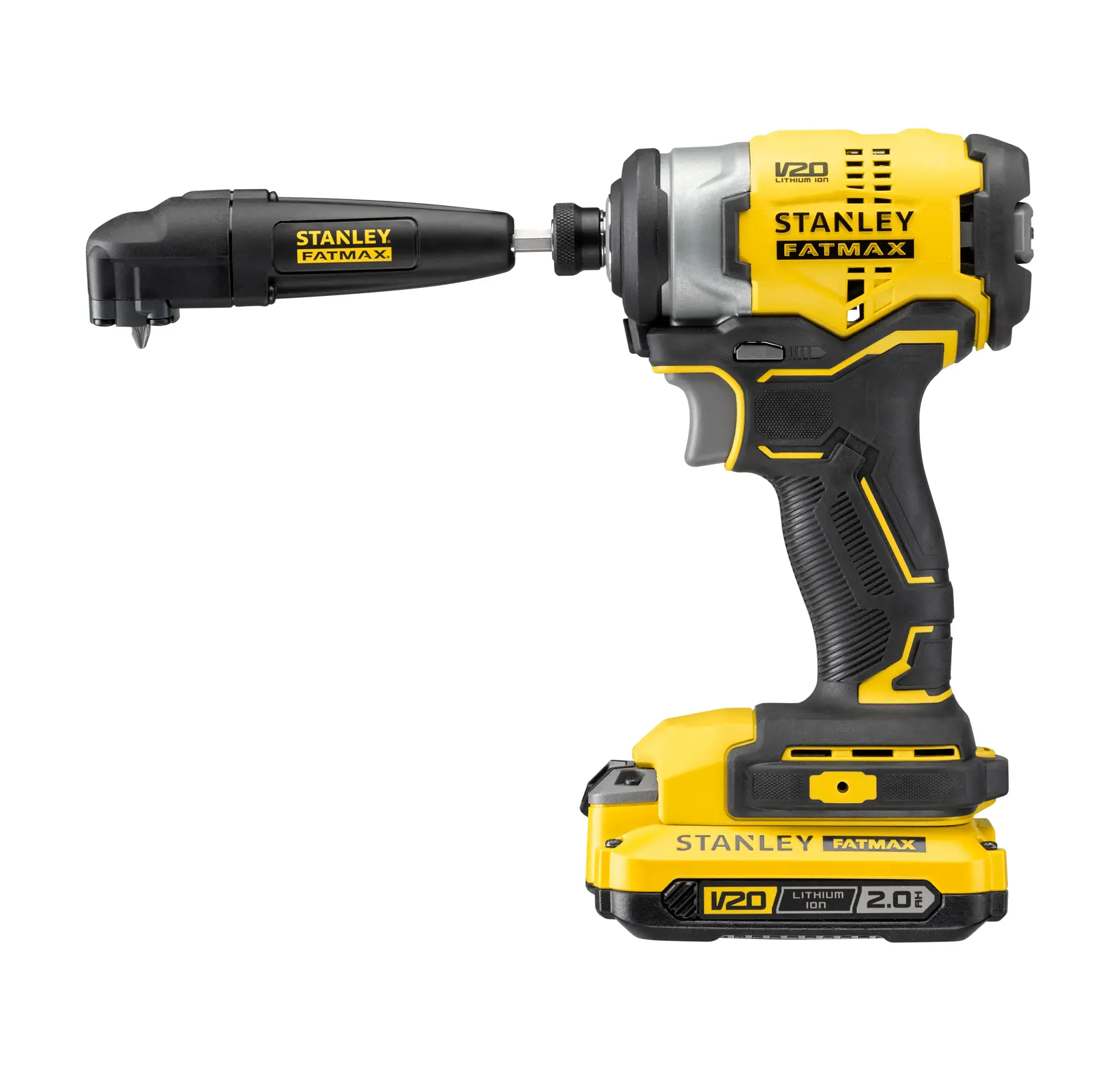 Stanley STA88582 cordless impact driver with side handle, yellow and black, product side angle photo.