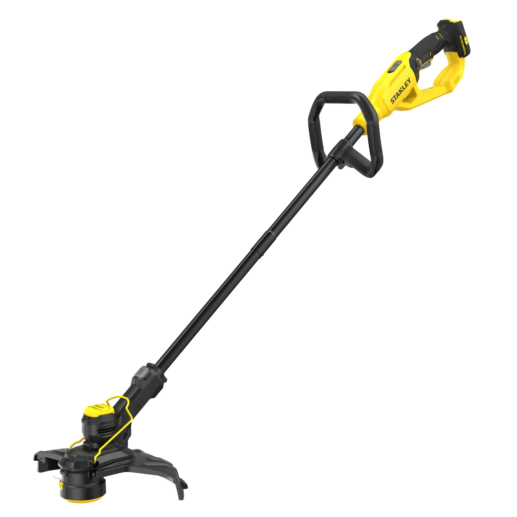 Photo of STANLEY STCST933B cordless string trimmer, black and yellow, side angle on white background.