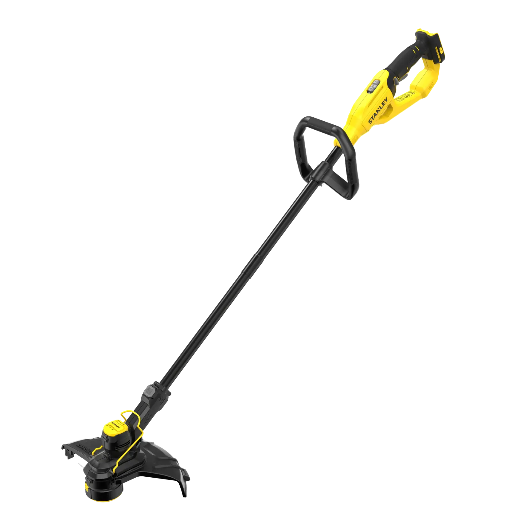 Photo of STANLEY STCST933B cordless yellow and black grass trimmer, side angle on white background.