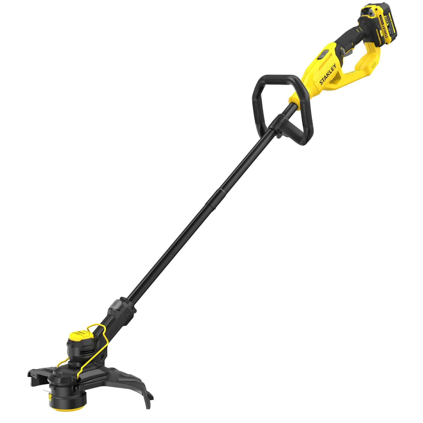 STANLEY STCST933M1 cordless string trimmer, yellow and black, side angle on white background.