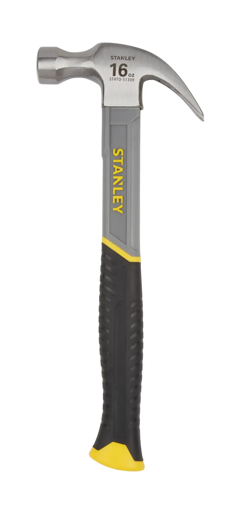 STANLEY STHT0-51309 claw hammer with yellow and black grip, side view, white background.