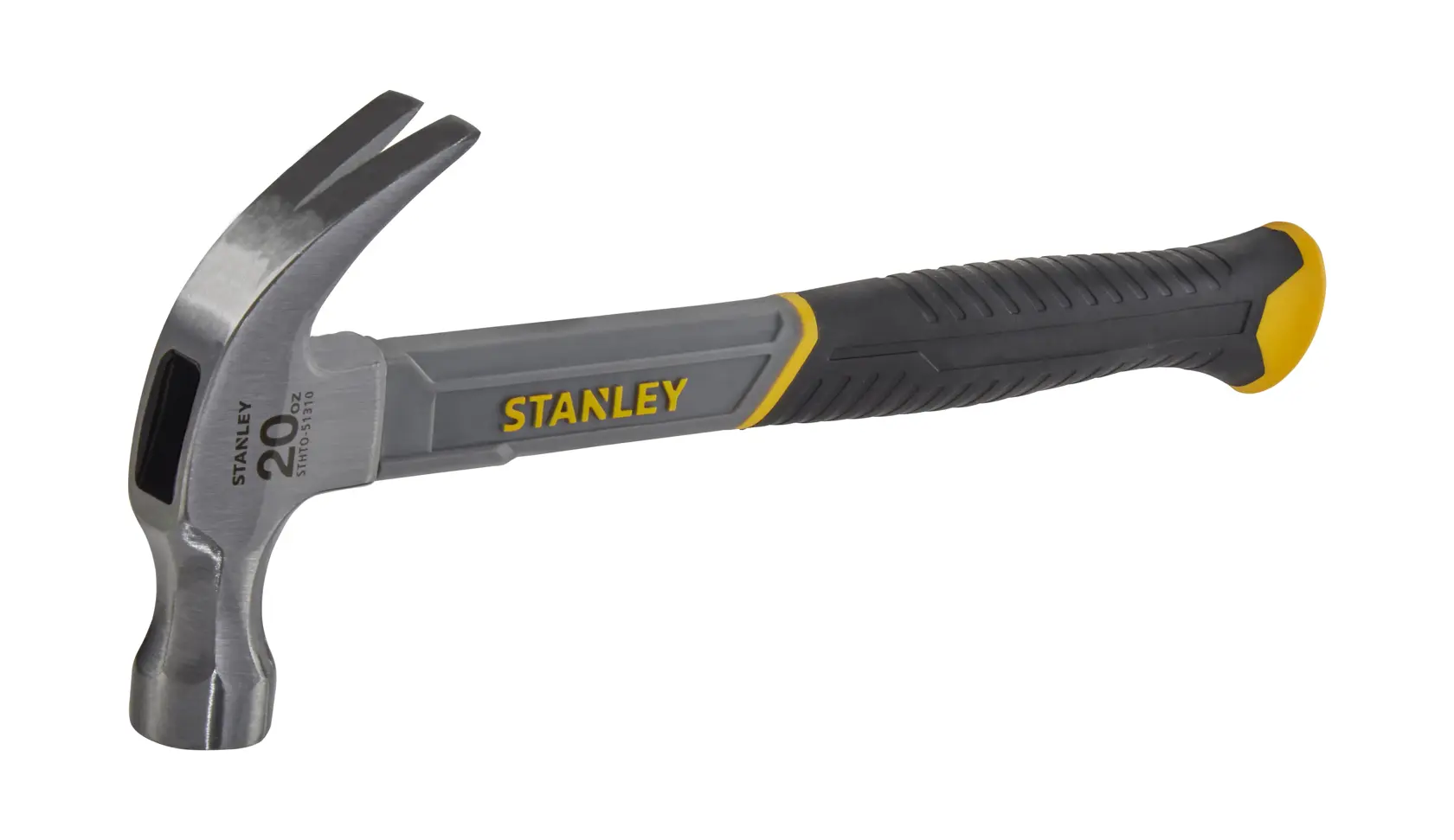 STANLEY STHT0-51310 claw hammer with black and yellow grip, side view on white background.