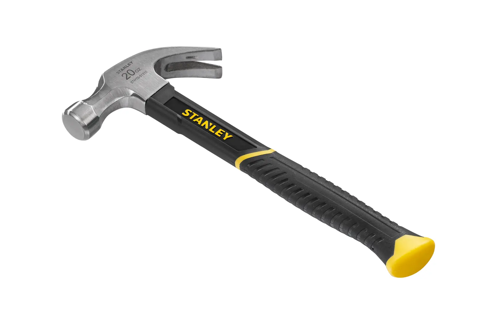 STANLEY STHT0-51310 claw hammer with black and yellow grip, side angle, white background.
