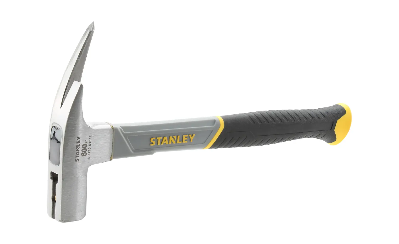 Stanley claw hammer with black and yellow grip, silver head, used for construction and woodworking.