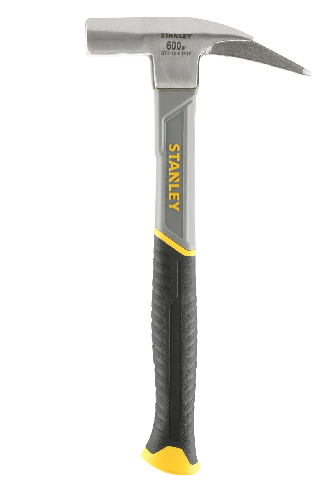 Photo of STANLEY STHT0-51312 masonry hammer with yellow and black ergonomic handle, side view on white background.