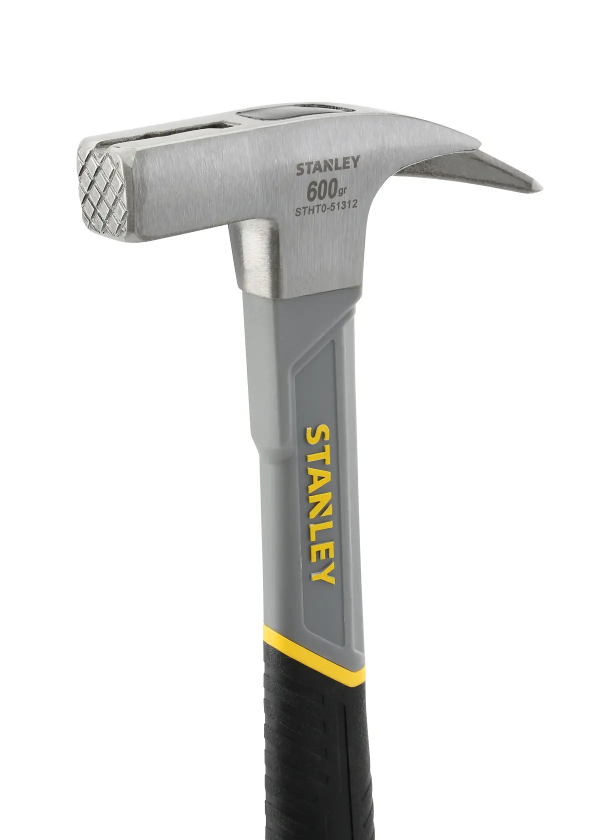 STANLEY STHT0-51312 claw hammer, grey steel head with milled face, yellow and black ergonomic handle, front angle.