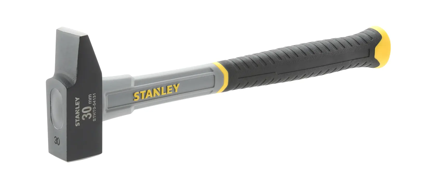 Stanley hammer with black and yellow handle and flat head, suitable for heavy-duty tasks.