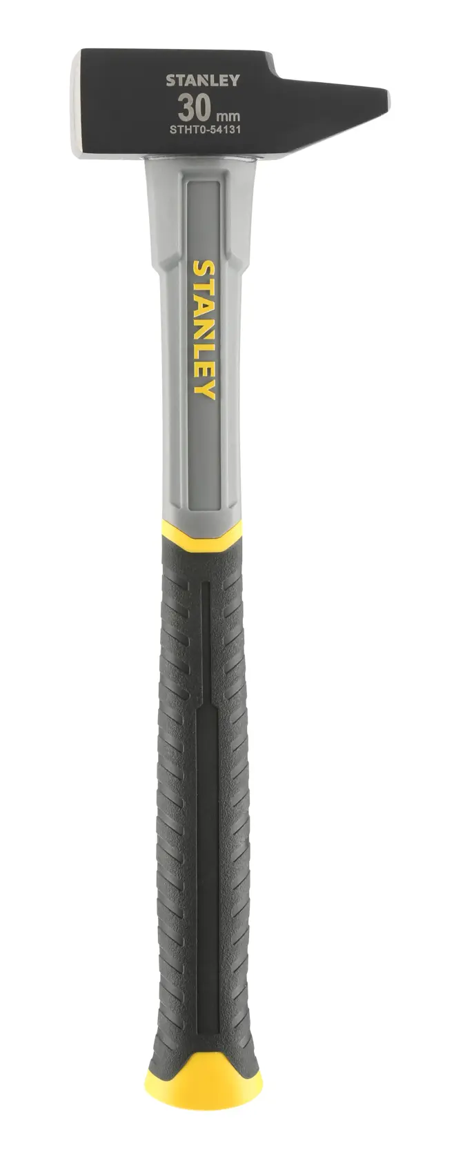 Photo of STANLEY STHT0-54131 30mm black and grey hammer with yellow accents, front angle, white background.