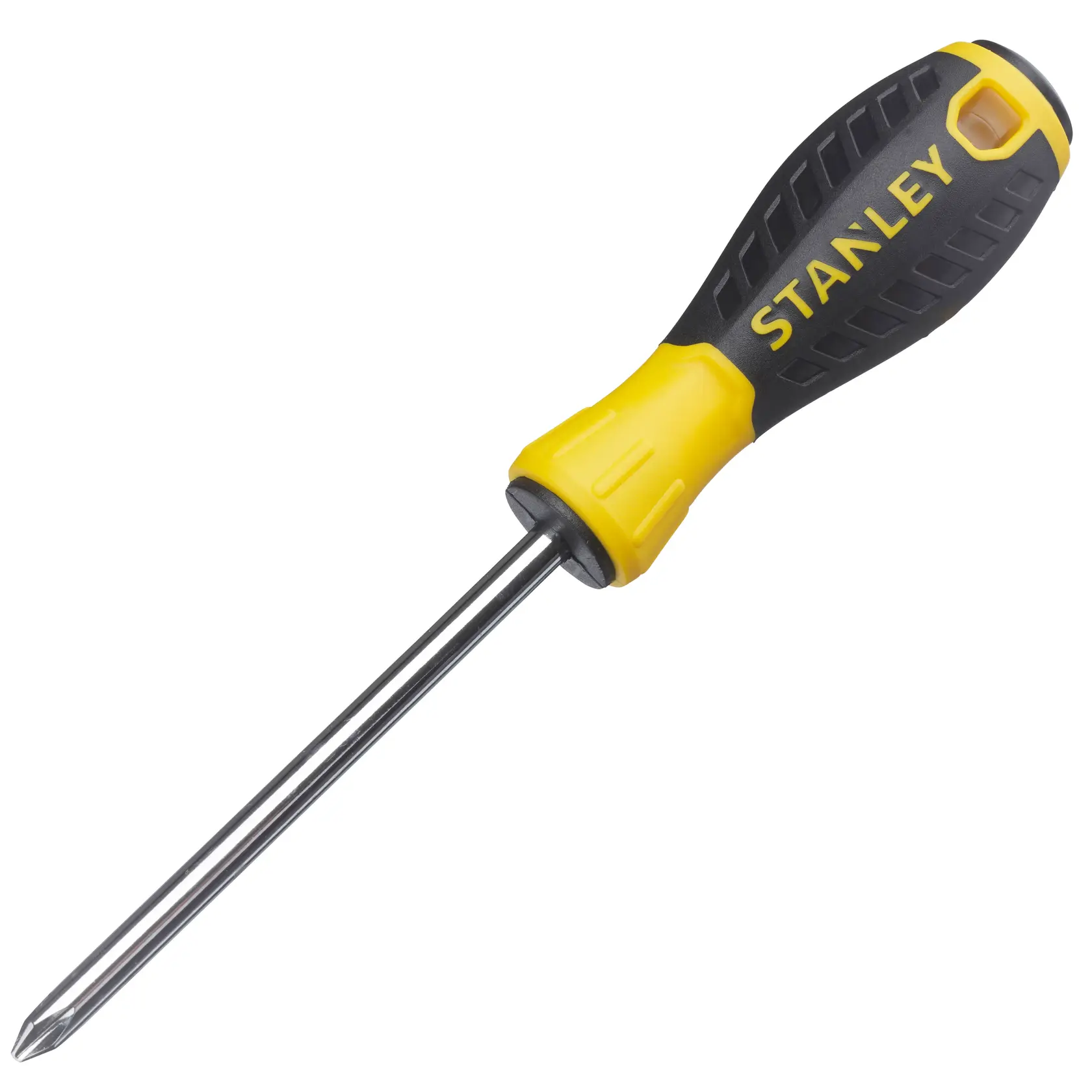 Stanley STHT0-60335 yellow and black Phillips screwdriver, side angle, ergonomic handle, on white background.