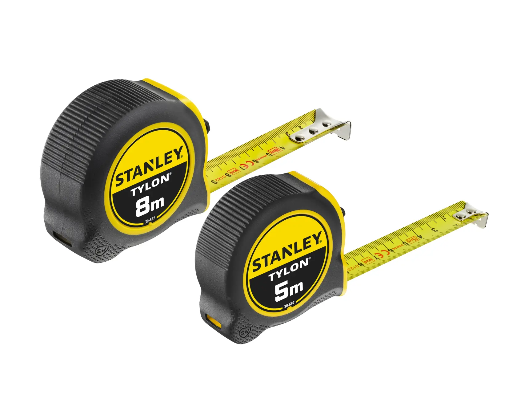 STANLEY STHT0-74260 tape measures, 8m and 5m, black and yellow, side angle, white background.