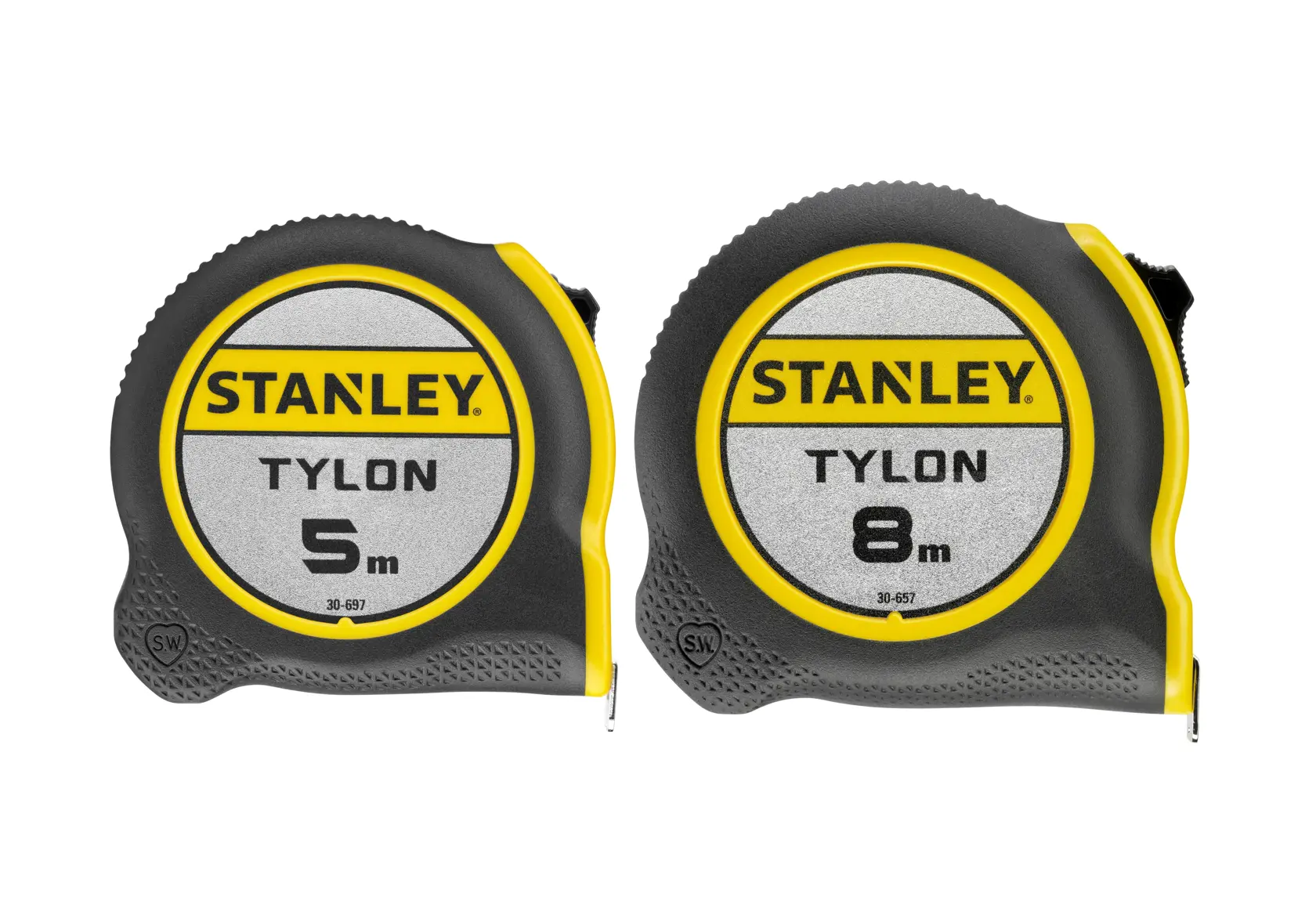 STANLEY STHT0-74260 tape measures, 5m and 8m, black and yellow, front view on white background.