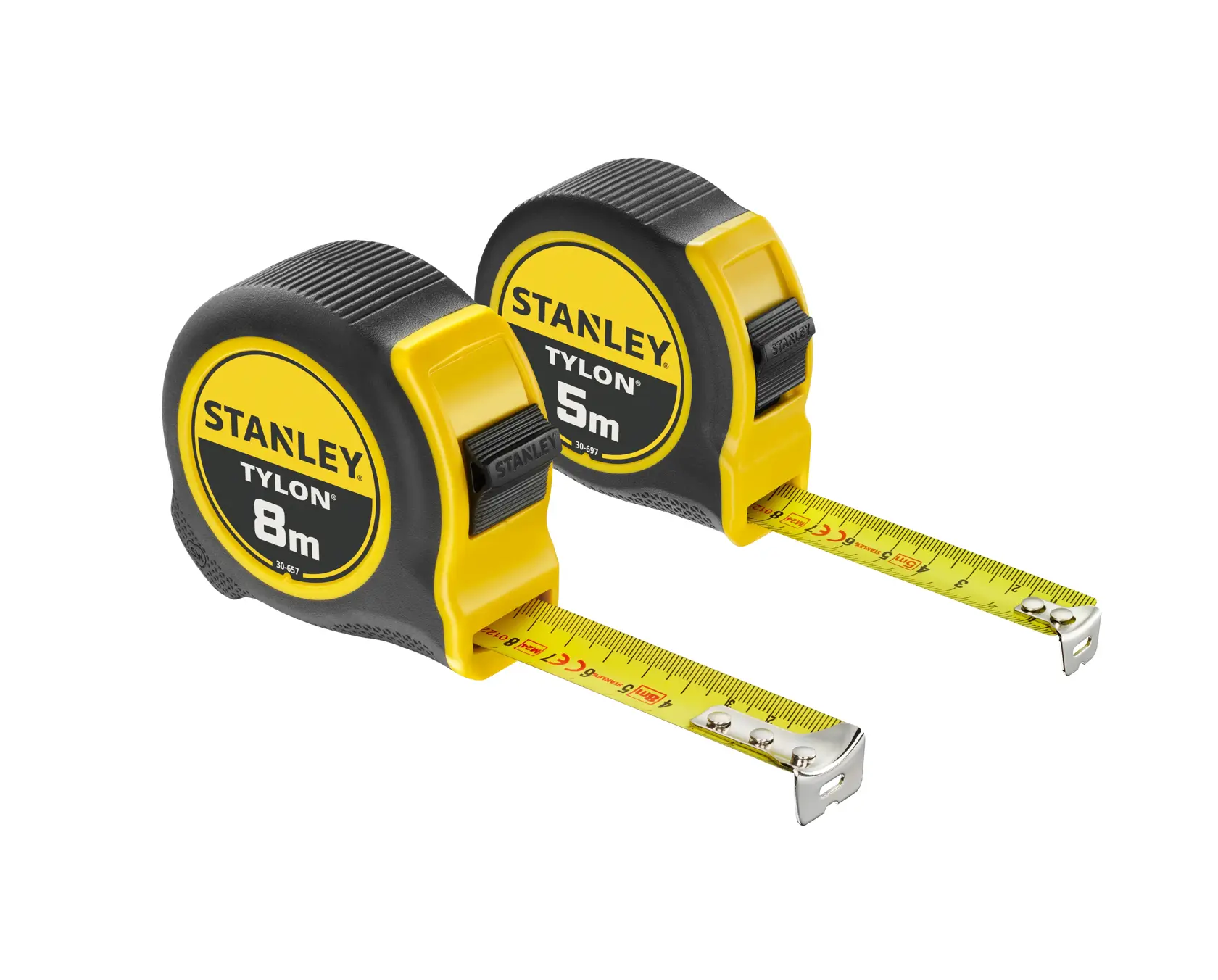 STANLEY STHT0-74260 tape measure set with 8m and 5m Tylon tape, yellow and black, angled view.