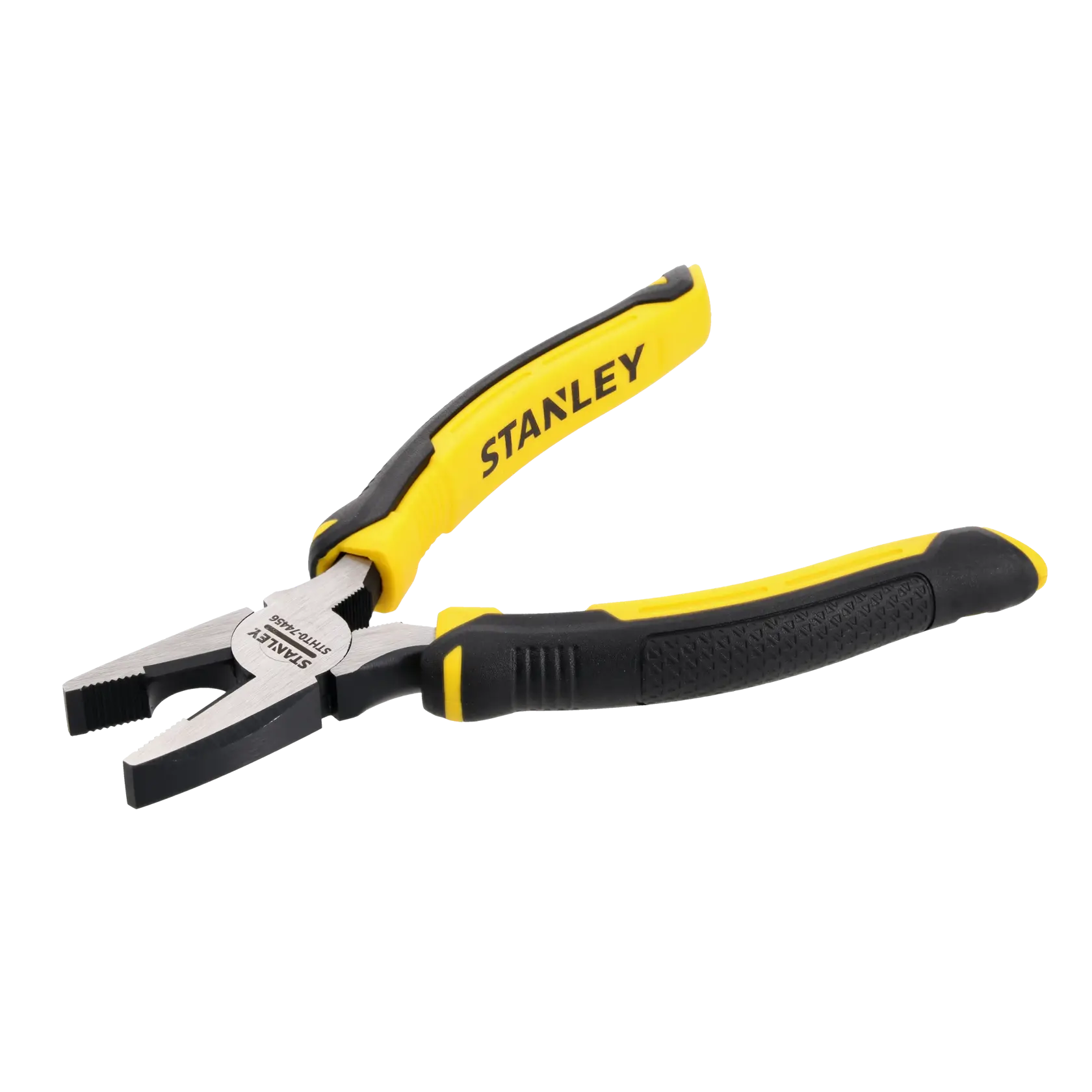Stanley combination pliers with yellow and black handles, shown on a white background.