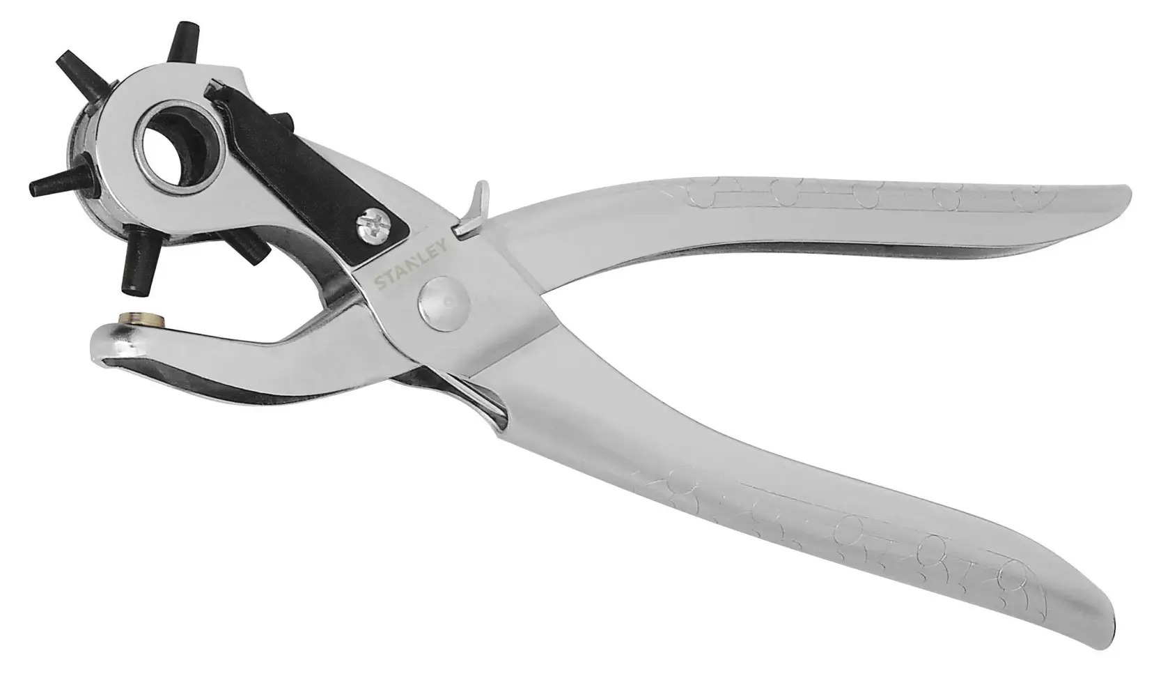 Metal rotary leather hole punch tool with multiple sizes, silver handle, used for punching holes in materials.