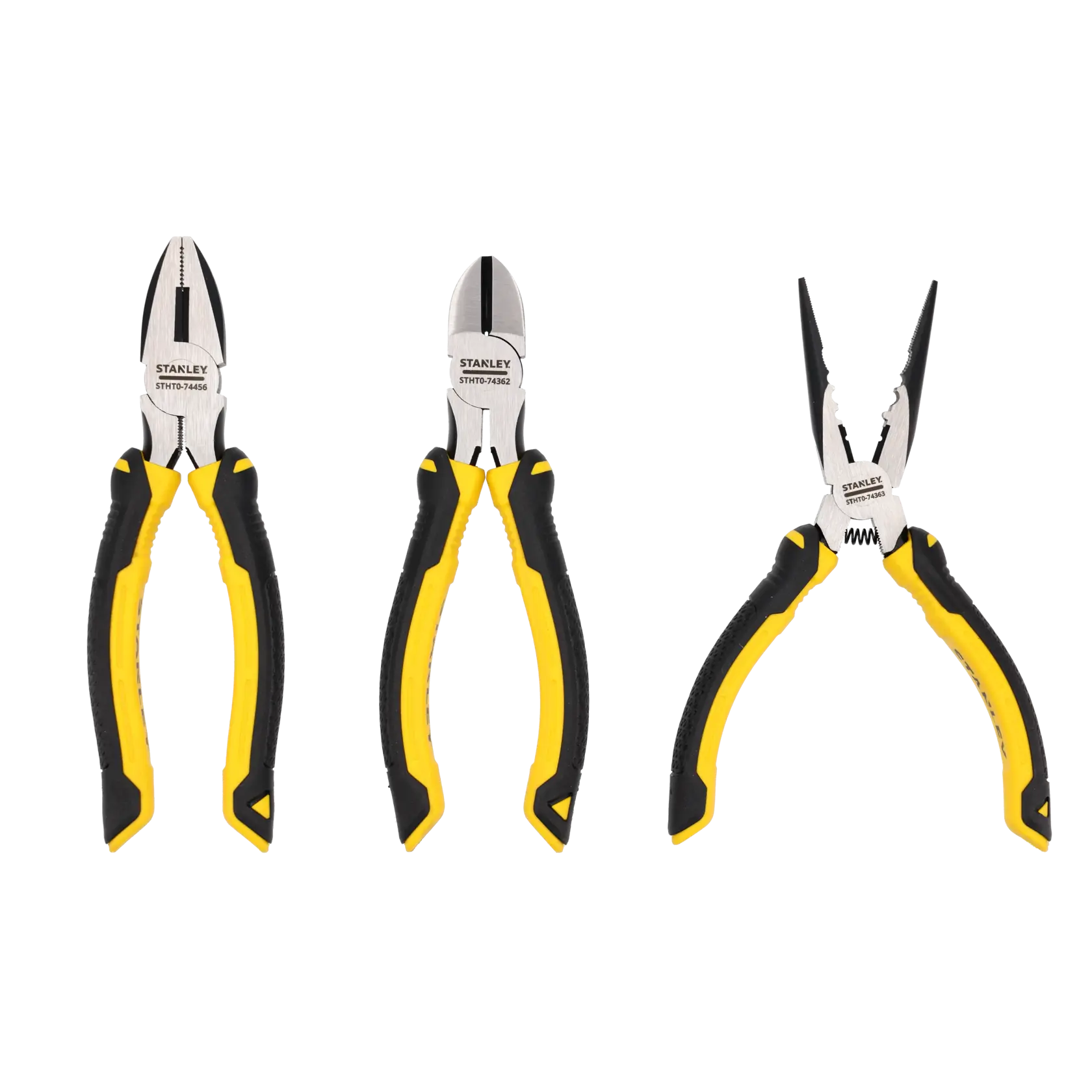 Stanley plier set with three types: combination, diagonal cutting, and long nose, featuring yellow and black handles.