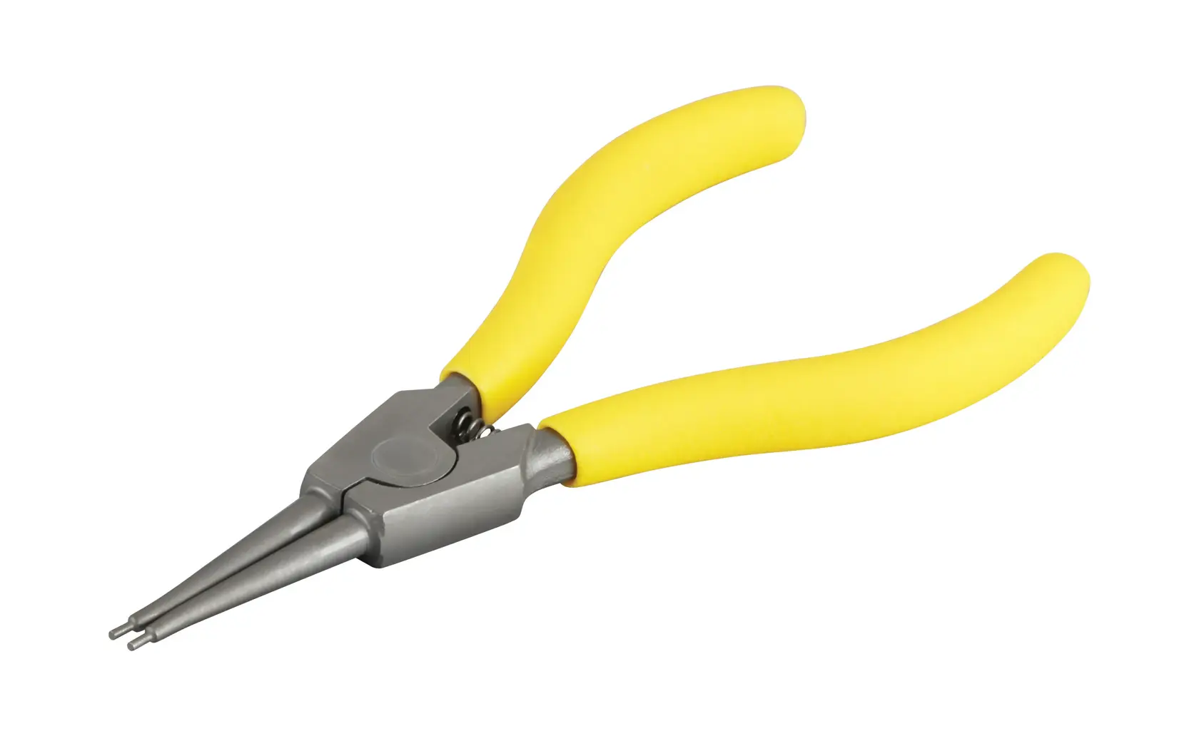 STANLEY STHT0-75412 external circlip pliers with yellow handles, front angle, on white background.